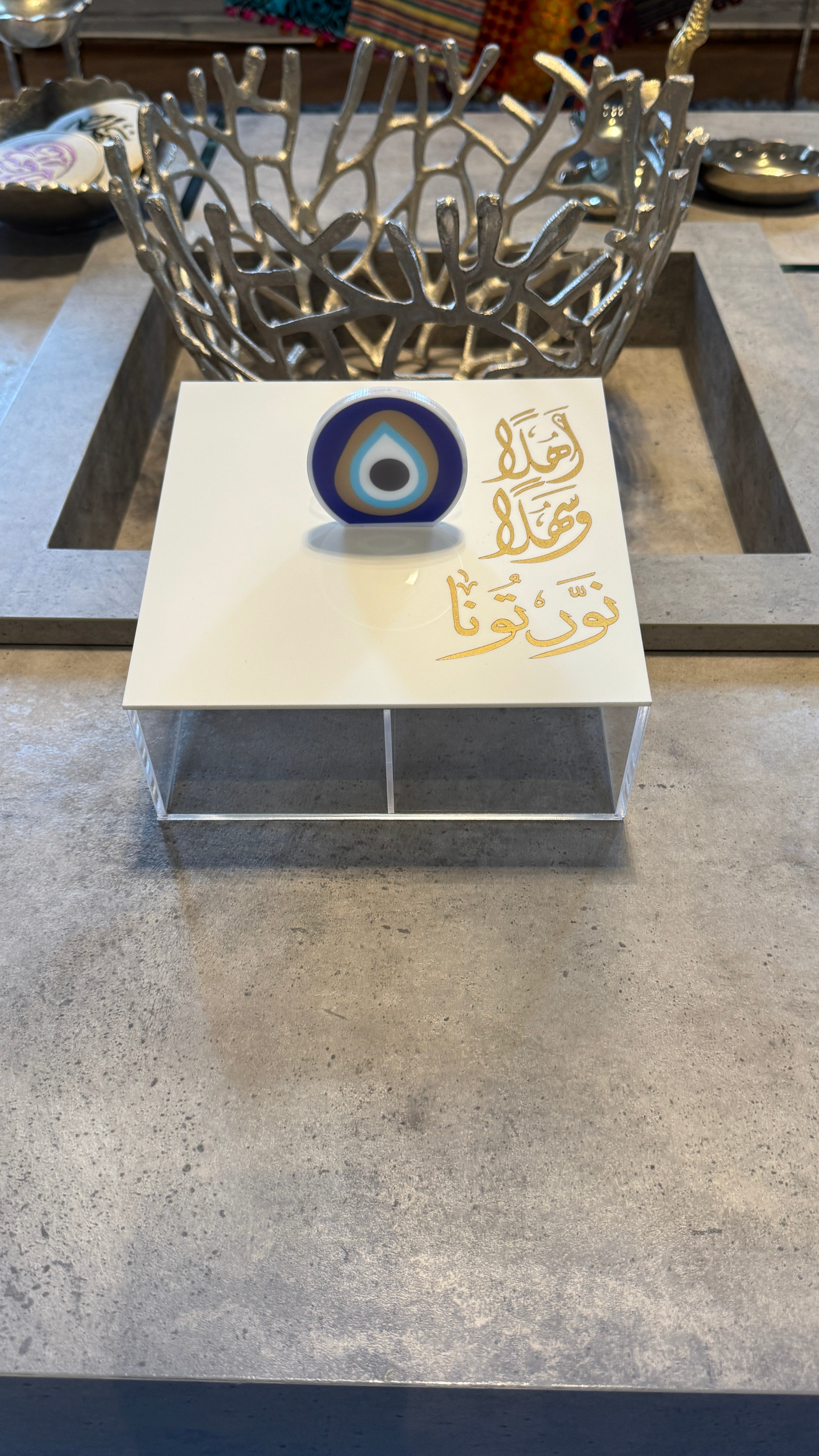 Tear Drop evil eye handle, Plexi Box, Arabic Calligraphy اهلاً وسهلاً نورتونا