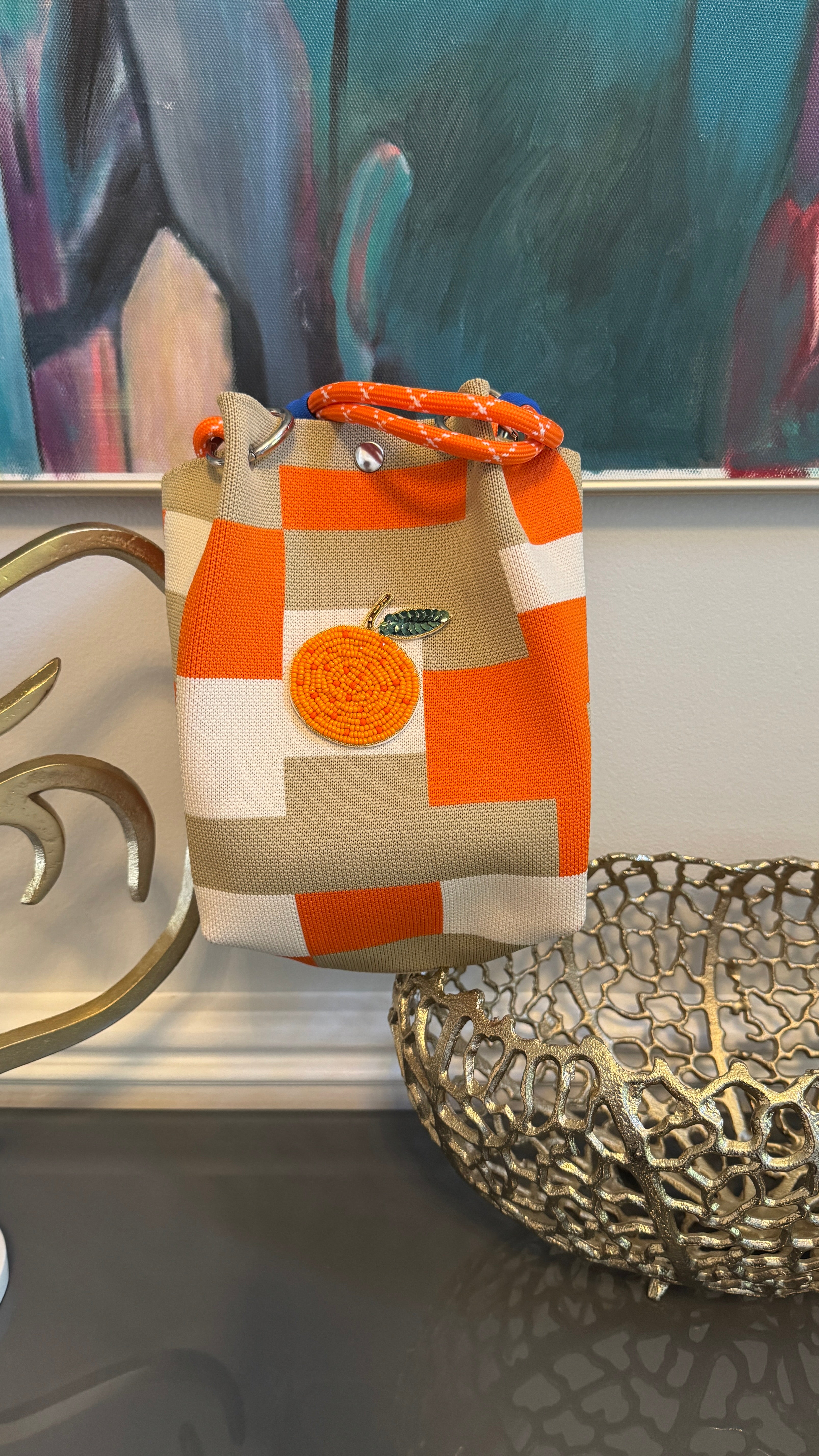Handbag tote vintage look, retro mixed colors , unique design.