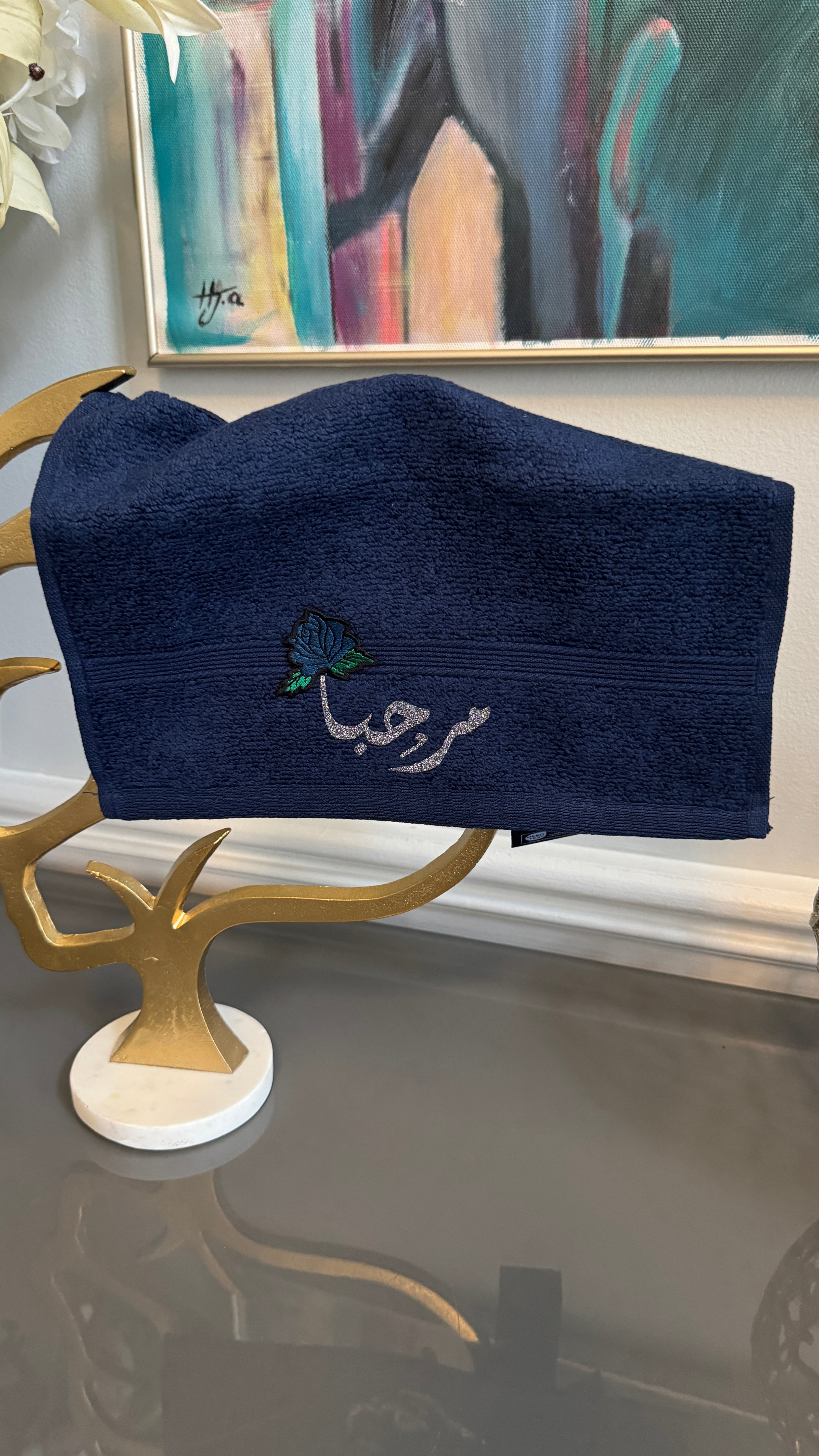 Blue Hand towel designed with Arabic Calligraphy مرحبا