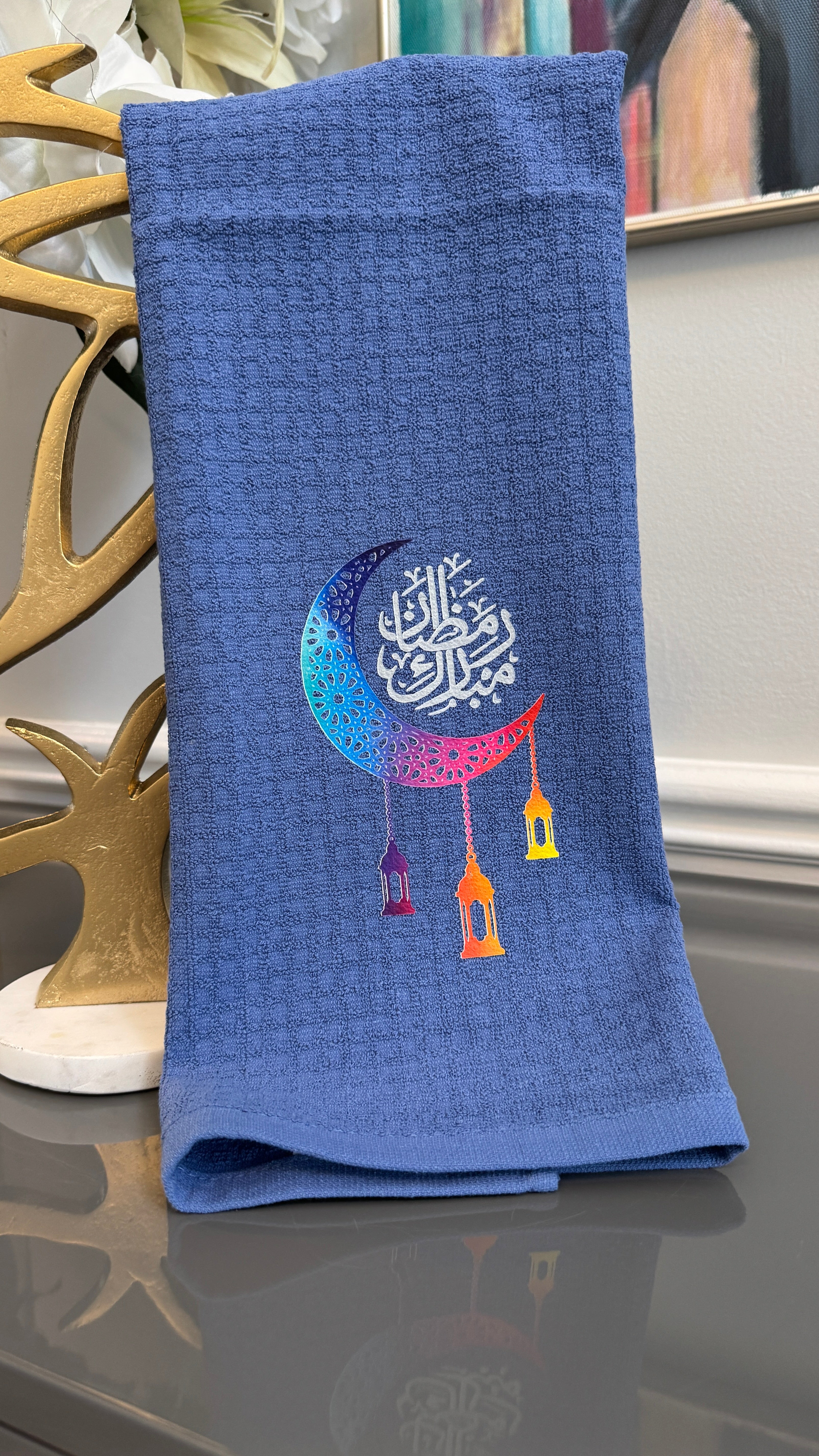 Blue towel Multi color Ramadan crescent and Arabic Calligraphy رمضان مبارك