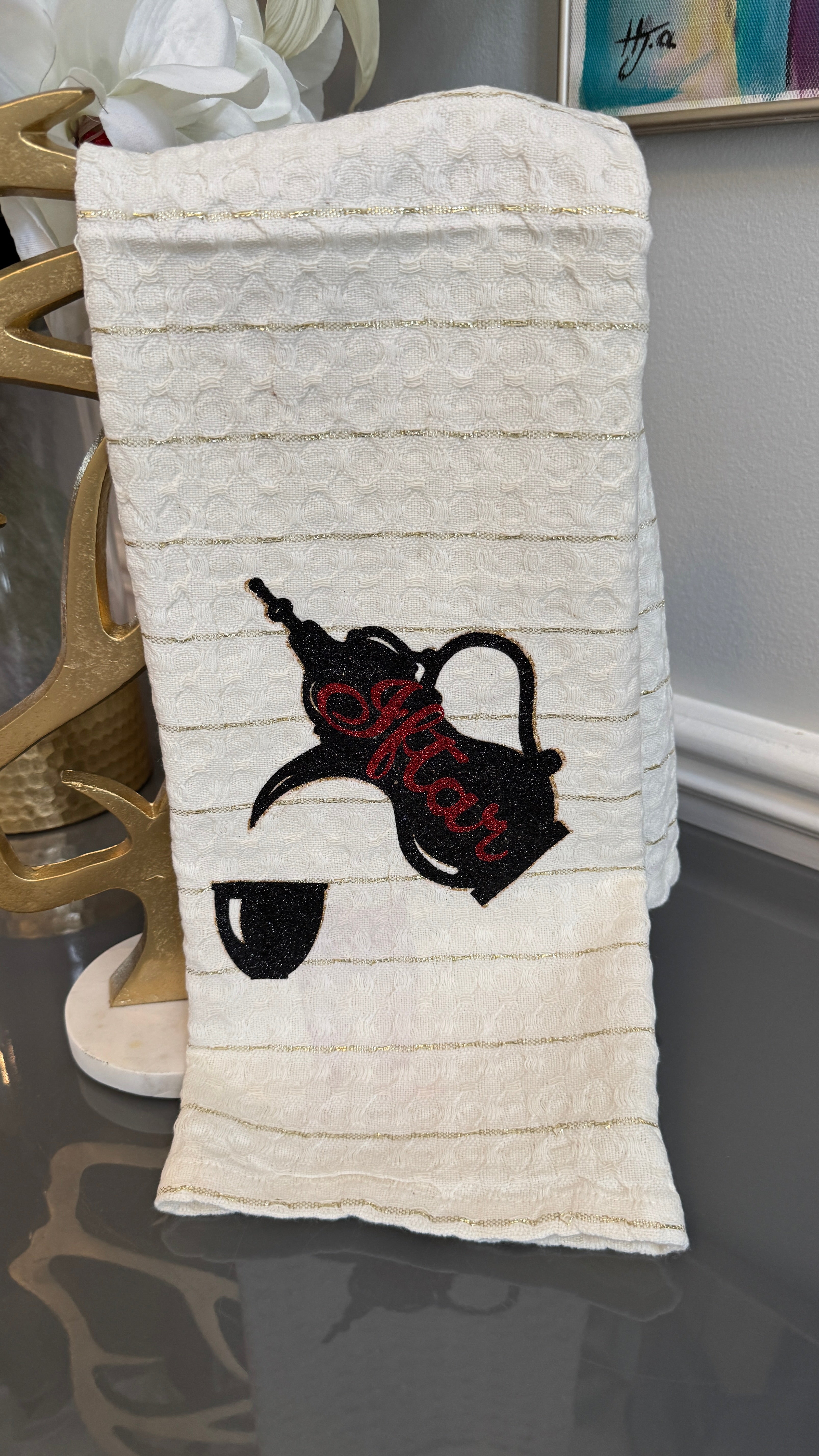 White Towel designed with Kettle & cup theme, Caligraphy Suhoor