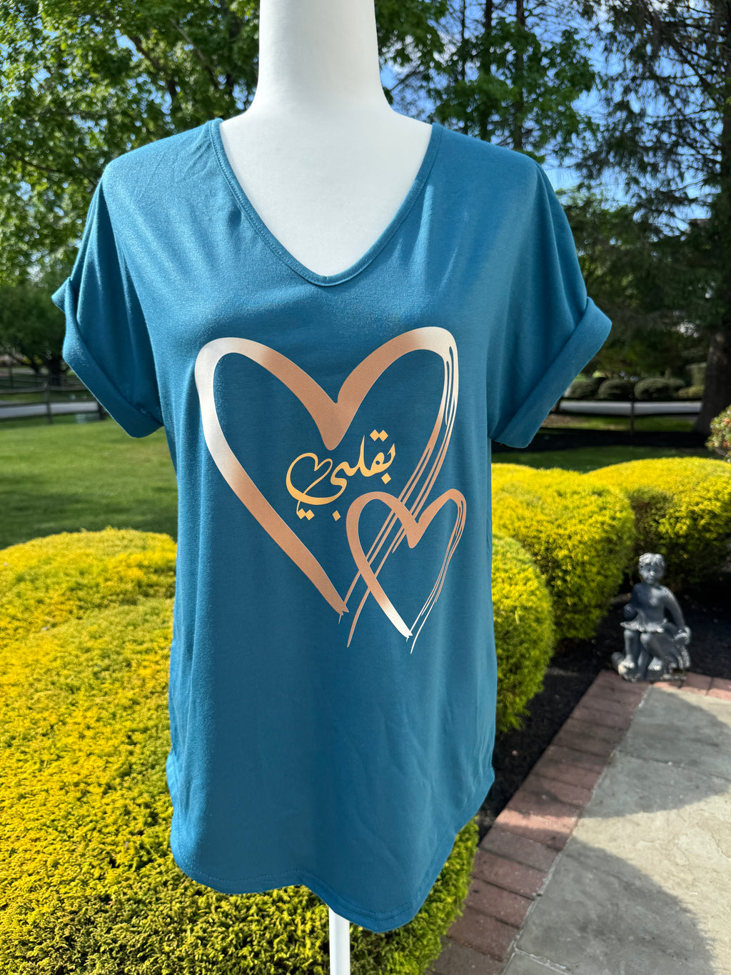 V Neck neck Teal shirt Cuff heart & Arabic caligraphy Design بقلبي