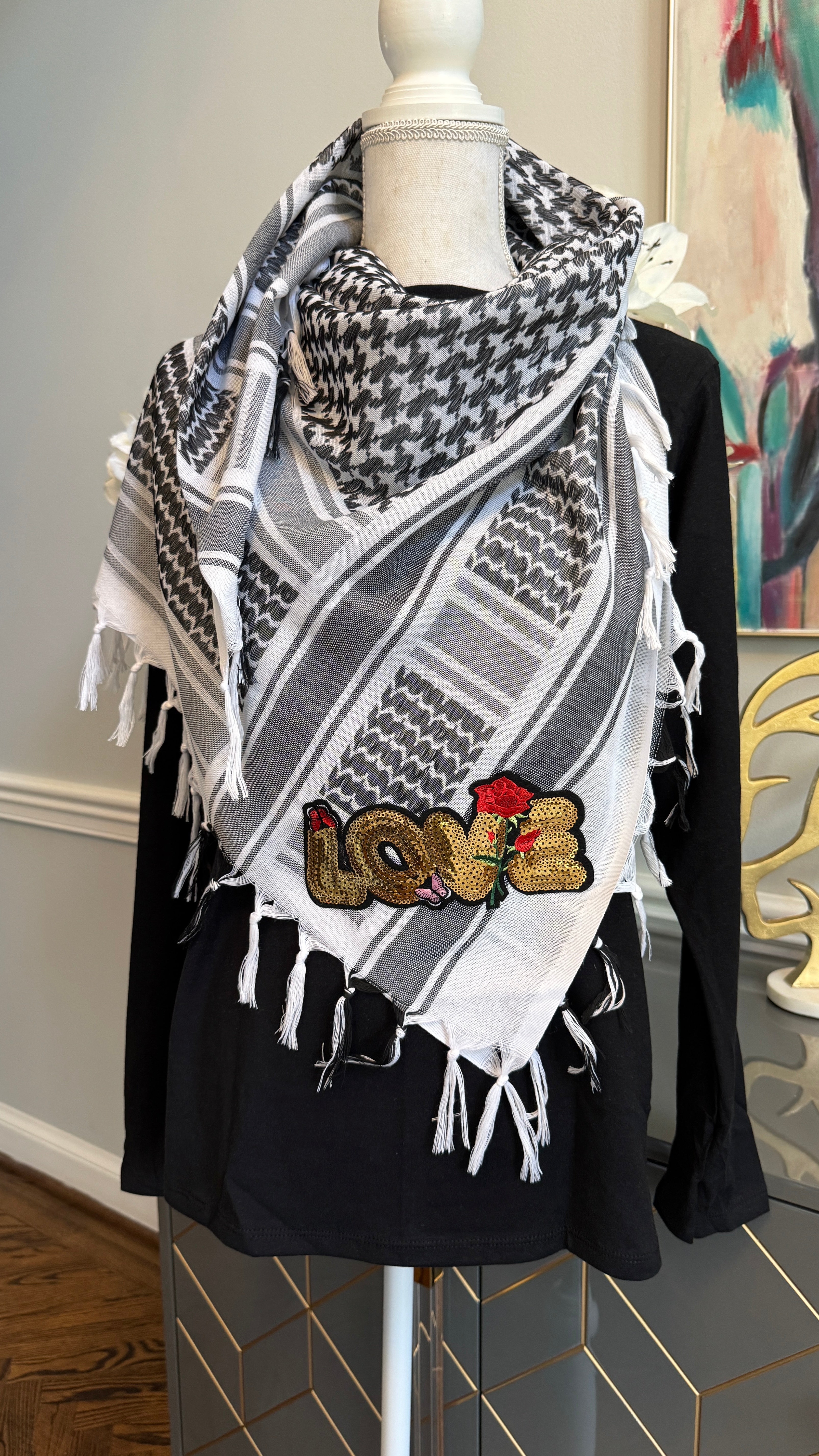 Black & White Keffiyeh, Kuffiyeh, Shemagh designed with Sequin motif