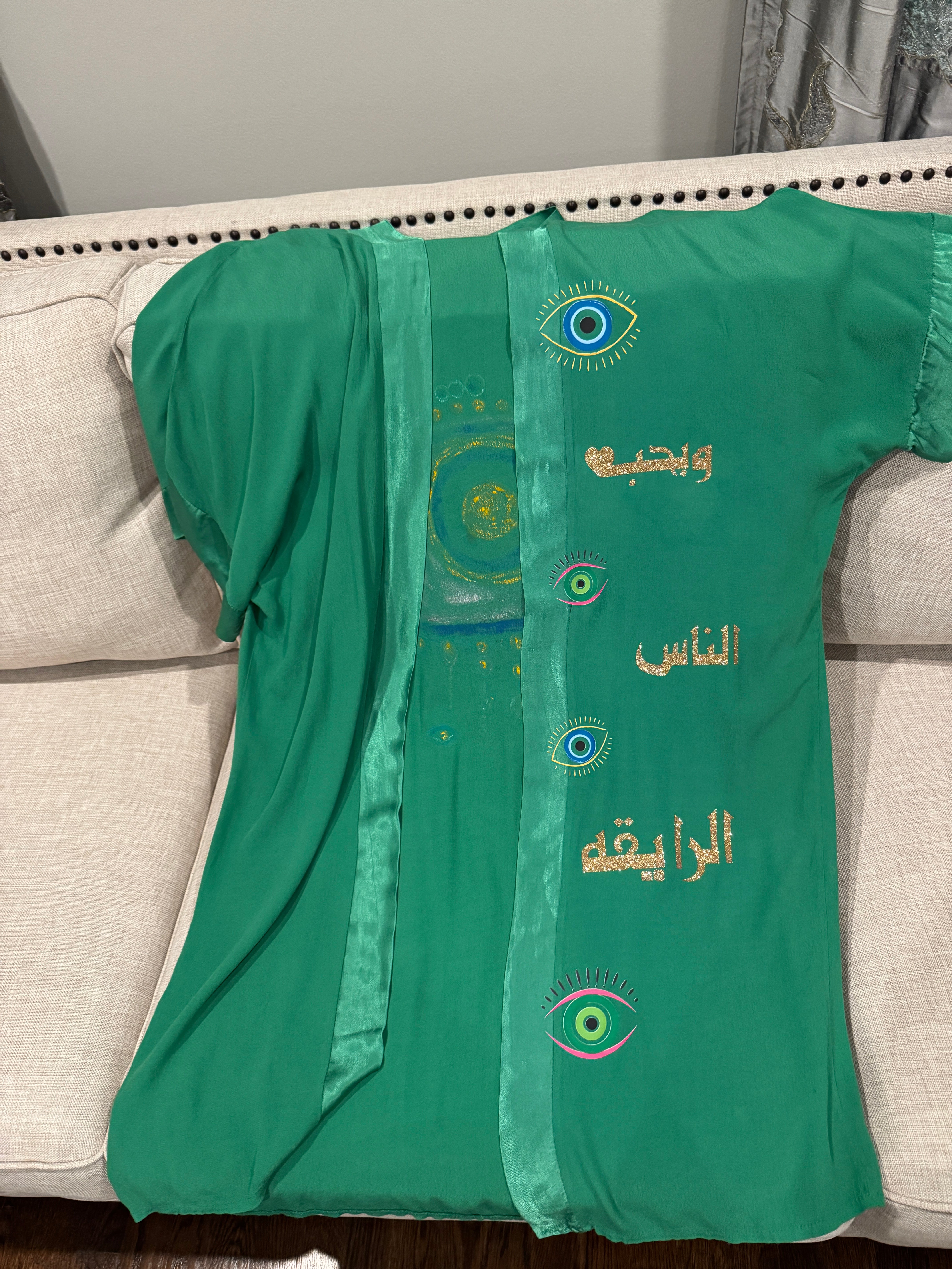 Open Caftan Green Color Hand Pained evil eye design