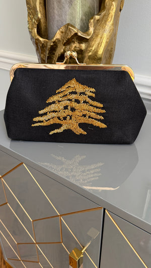 Black Handbag, clutch, purse beaded cedar of Lebanon.