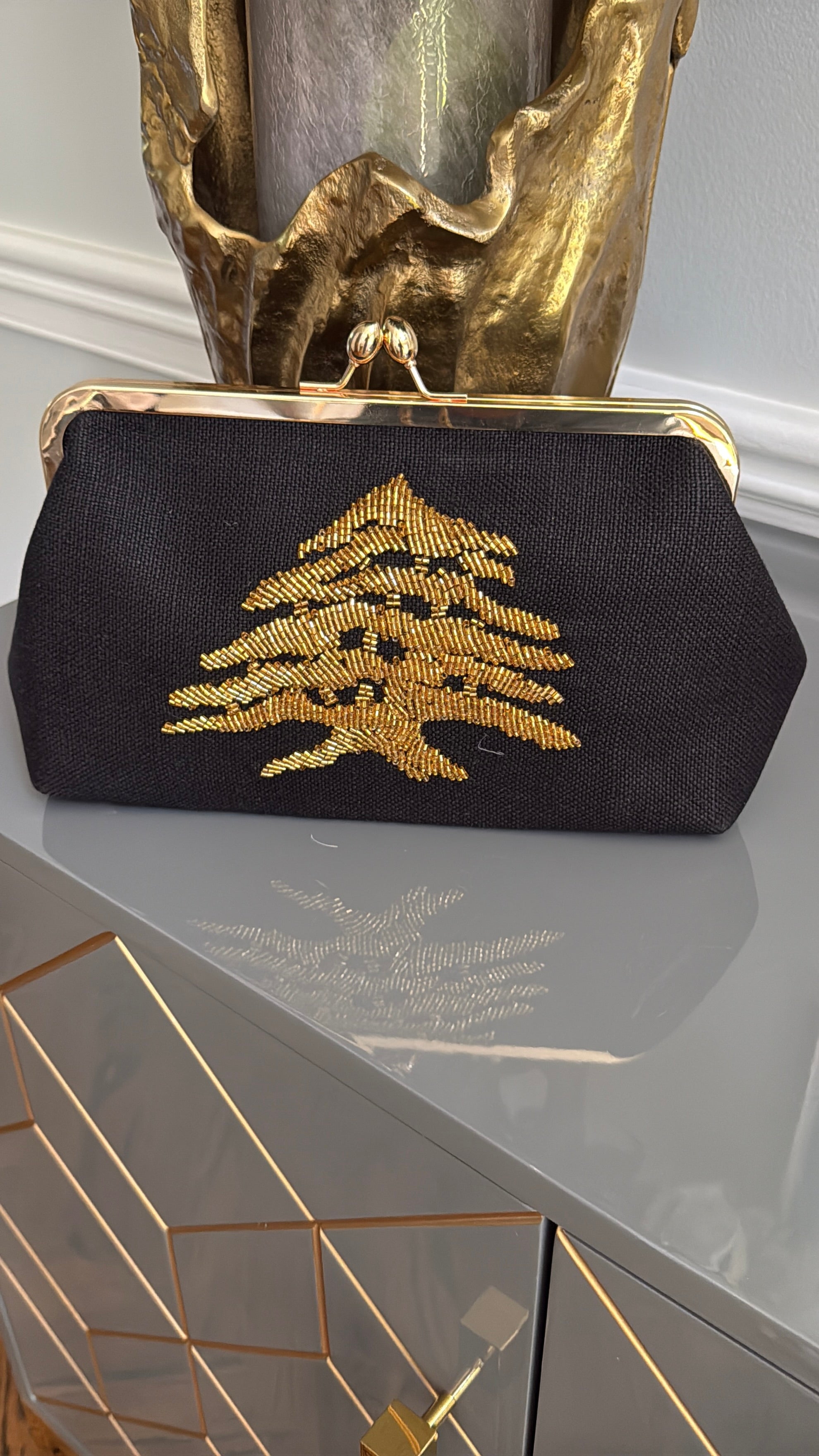 Black Handbag, clutch, purse beaded cedar of Lebanon.