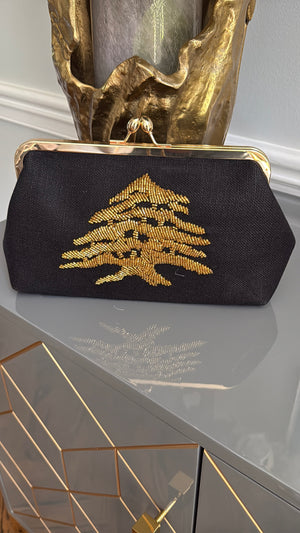 Black Handbag, clutch, purse beaded cedar of Lebanon.