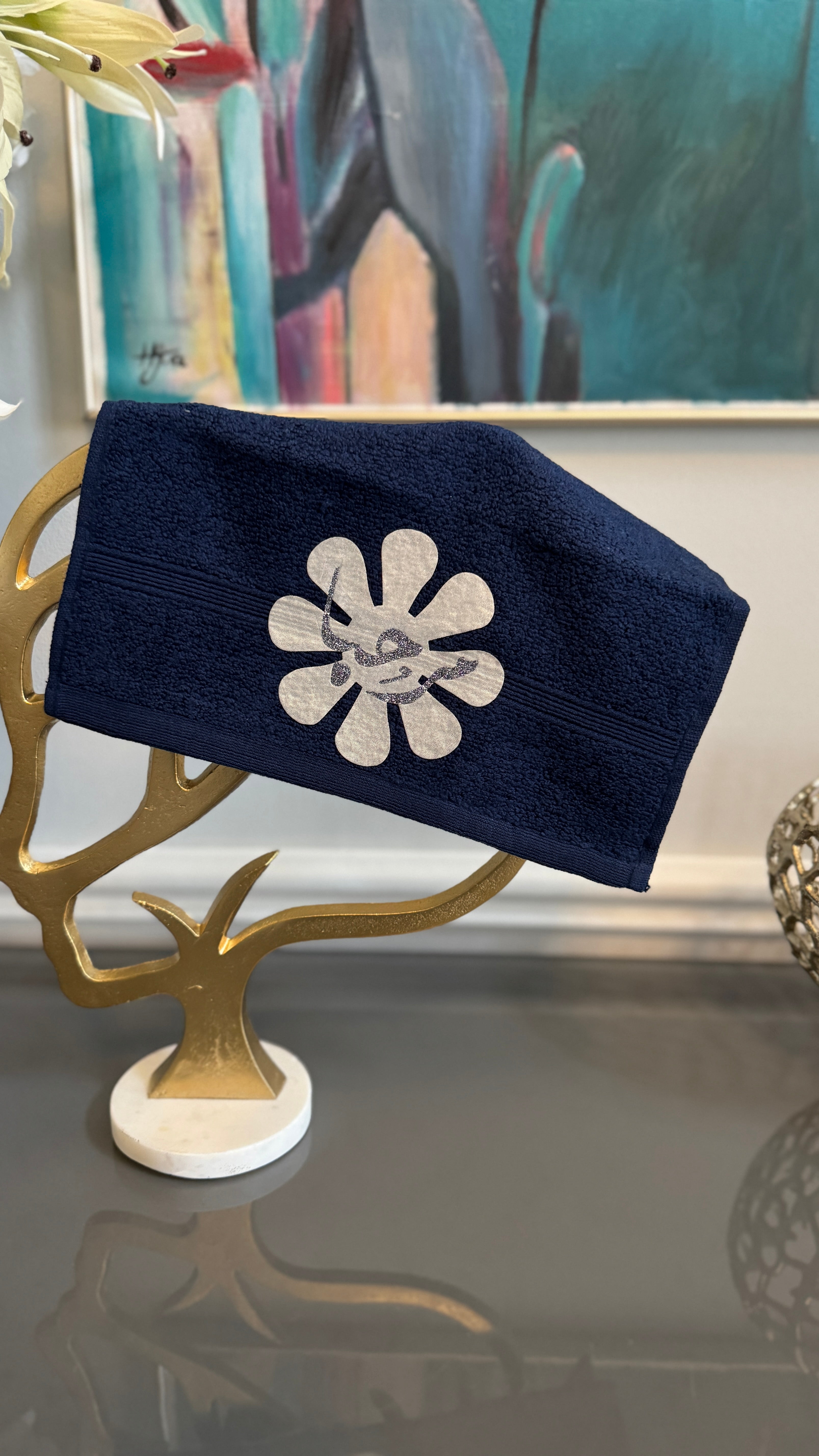 Blue hand Towel designed with Arabic Calligraphy مرحبا