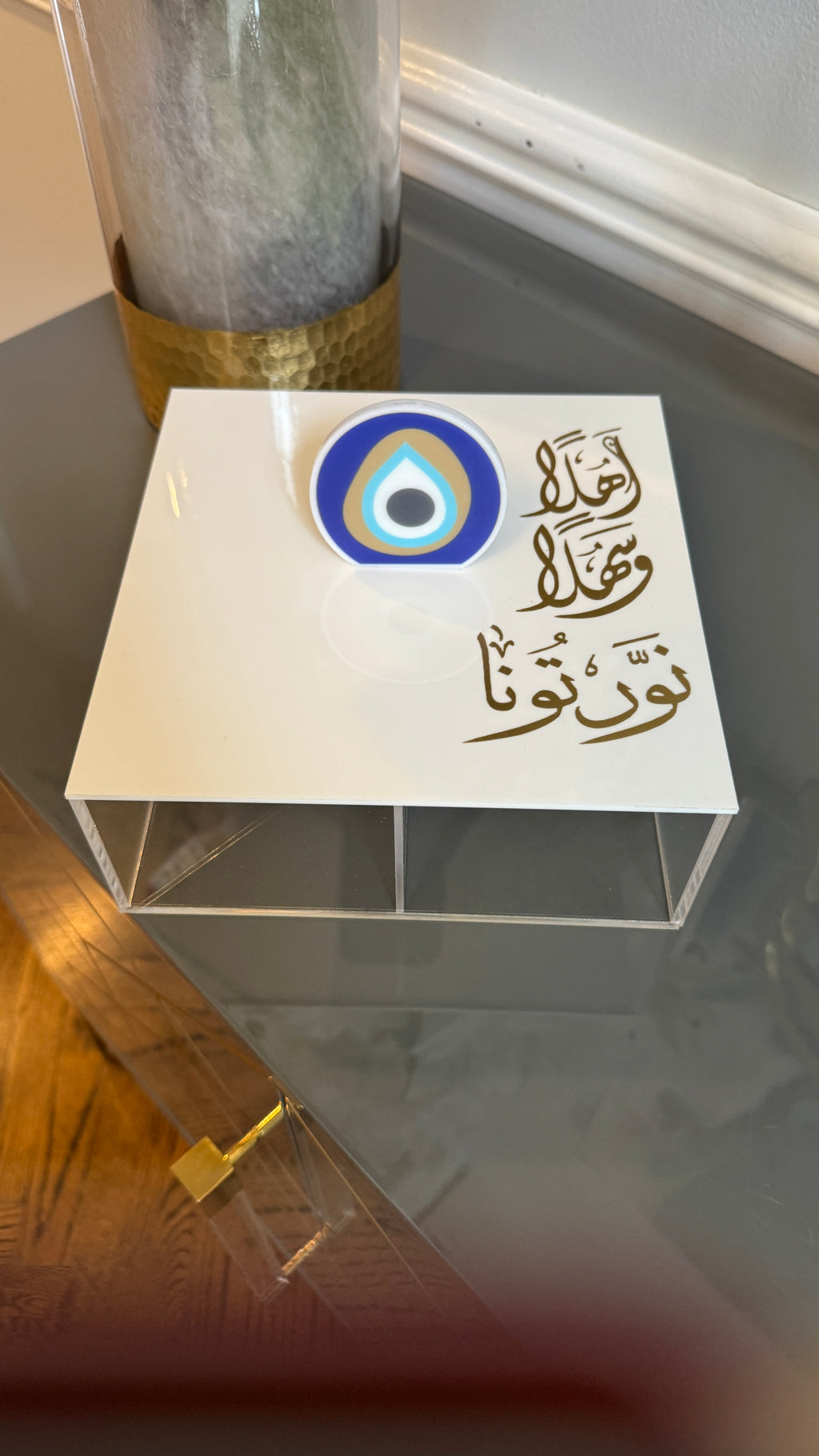 Tear Drop evil eye handle, Plexi Box, Arabic Calligraphy اهلاً وسهلاً نورتونا