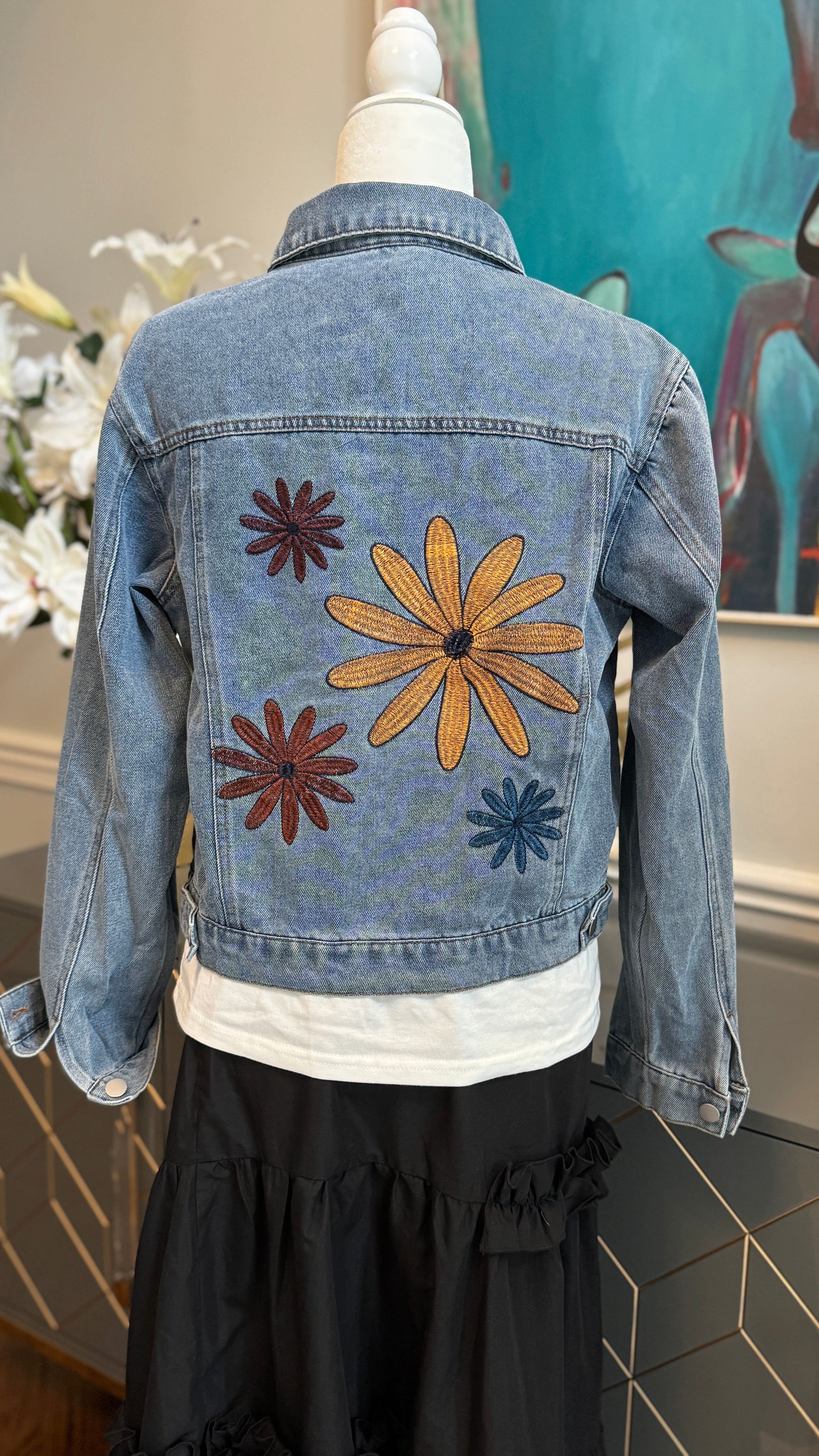Denim Blue Jacket, embroidery flowers design theme