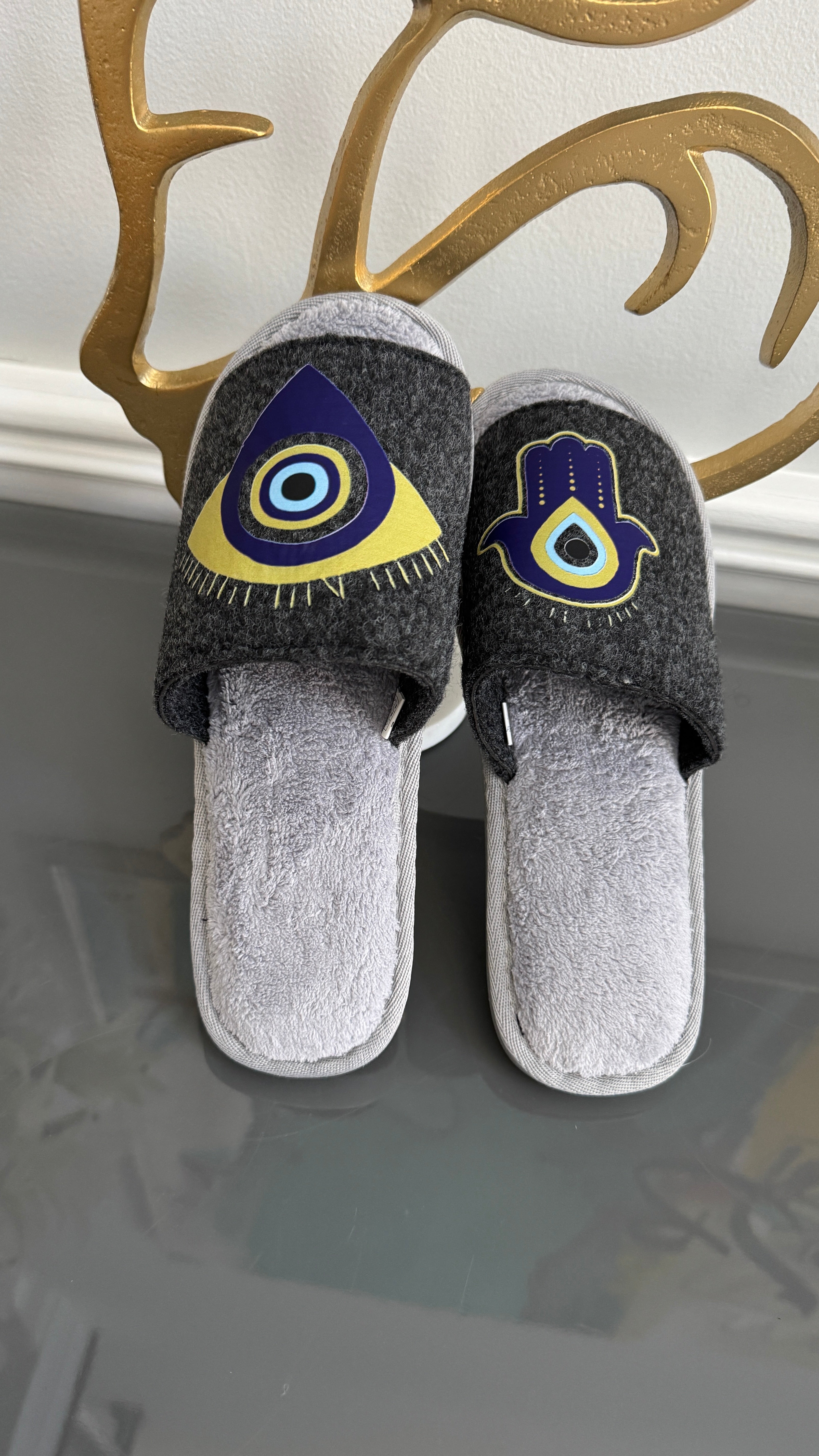 Gray Slip on Slippers. Designed with evil eye and Fatima Hand