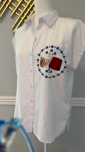 White blouse, top short sleeves evil eye and Fez design