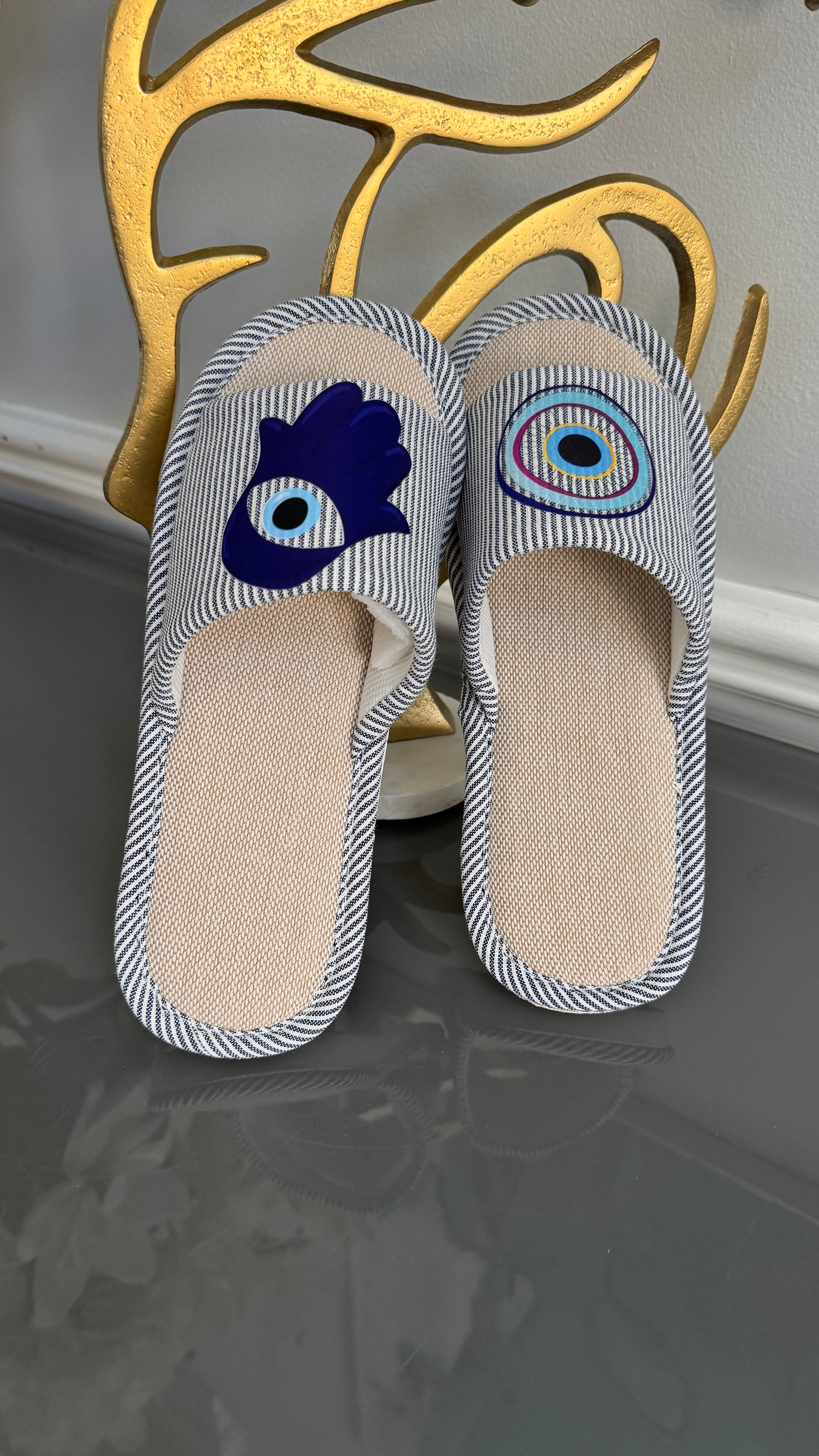 Navy Blue Slip on Slippers. Designed with evil eye and Fatima Hand