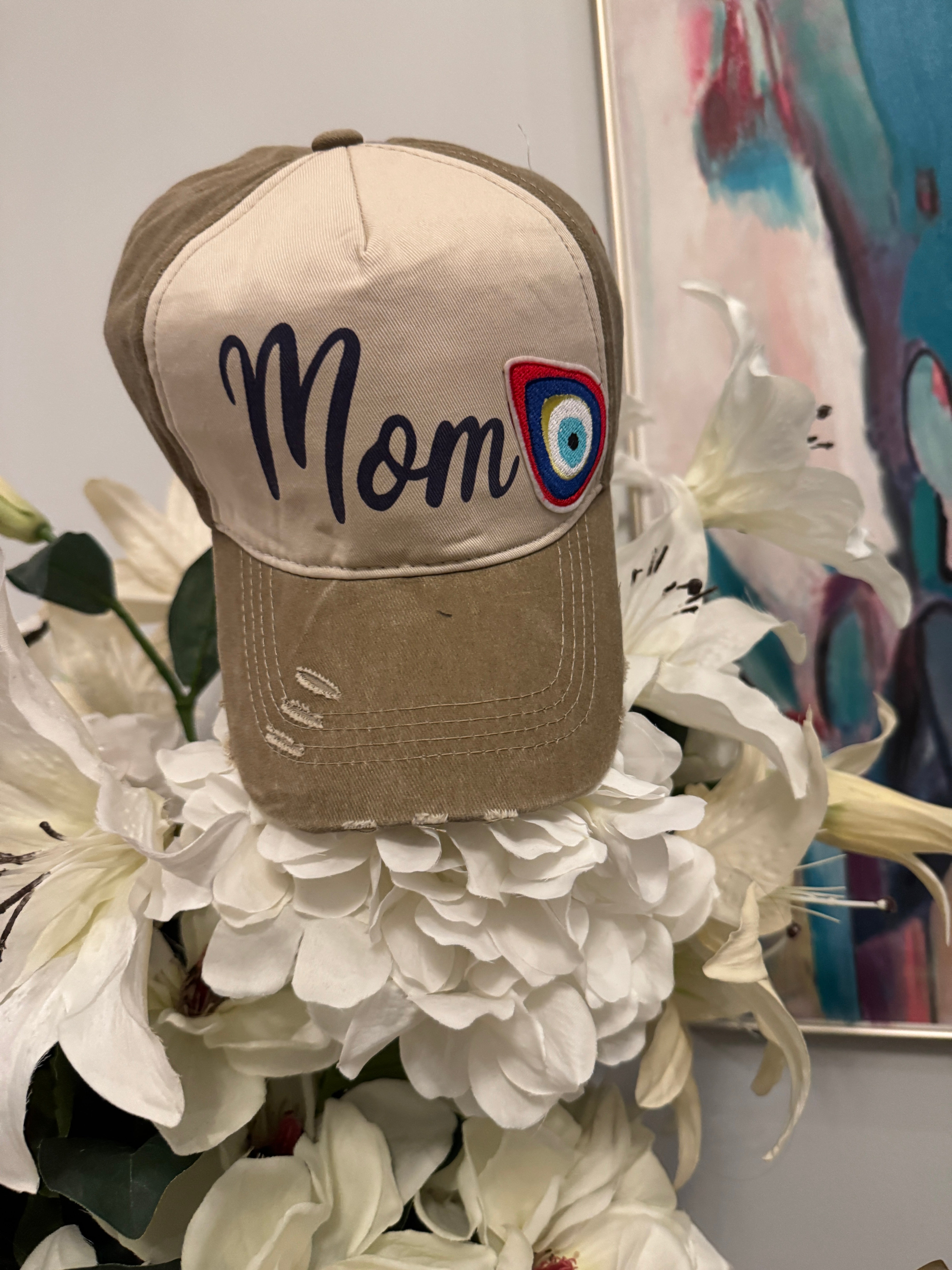 Cap hat Mom design with embroidery tear drop evil eye.
