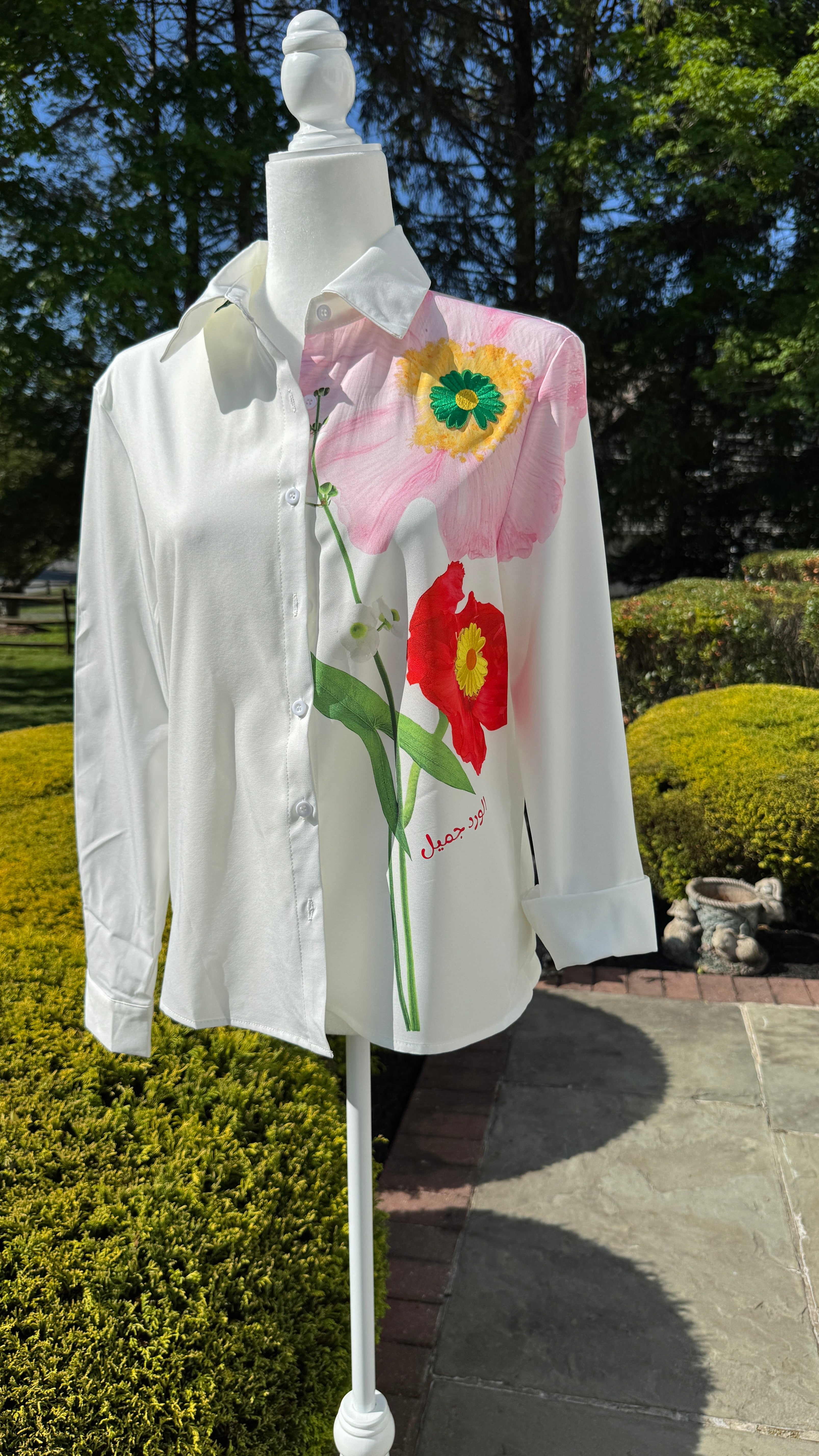 Long Sleeve Floral Print , embroidery motif & Arabic Calligraphy Blouse الورد جميل