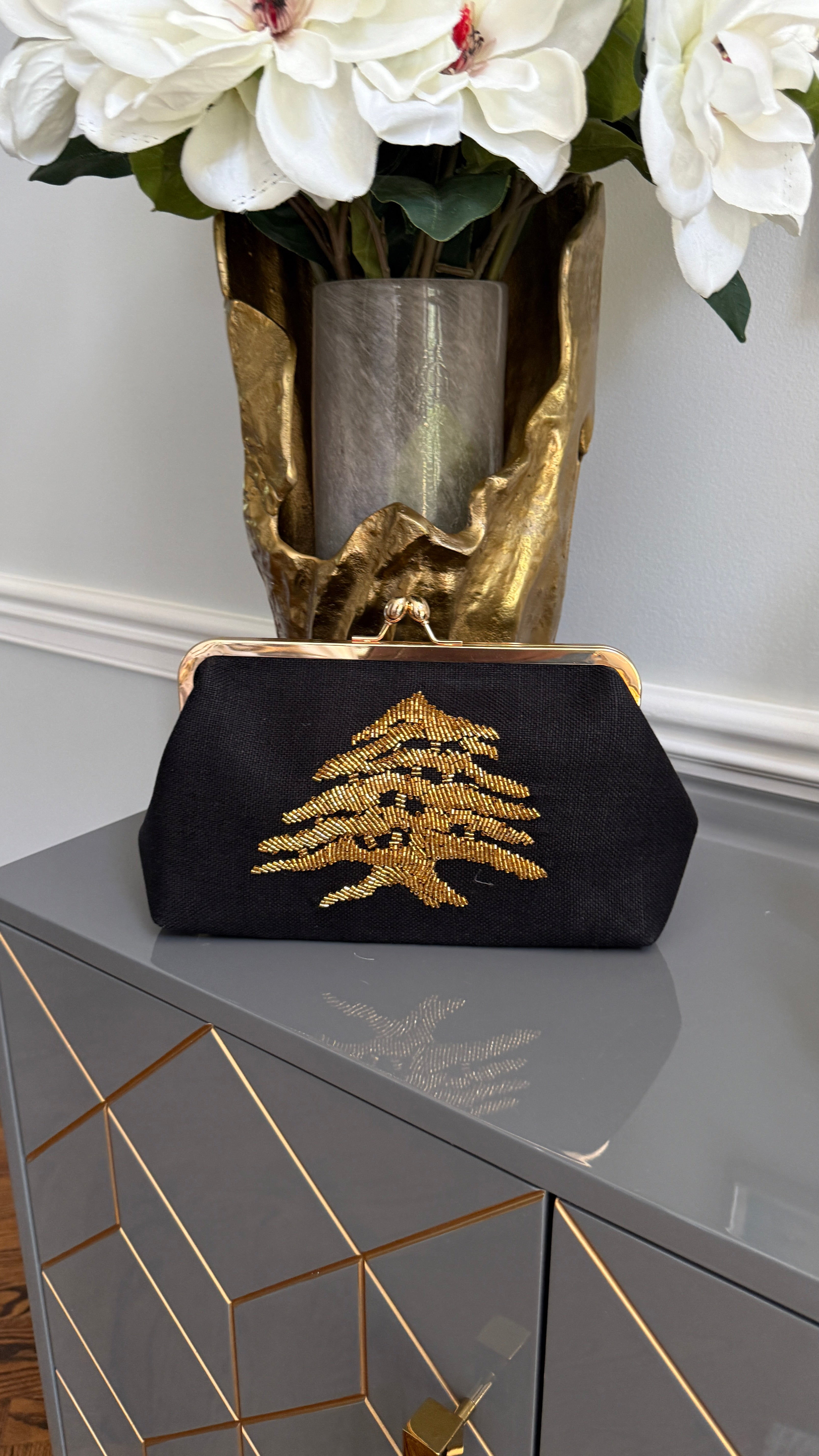Black Handbag, clutch, purse beaded cedar of Lebanon.