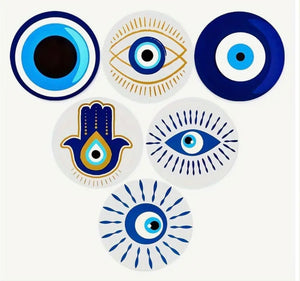 Set of Six wooden coasters hand painted Blue color evil eye theme