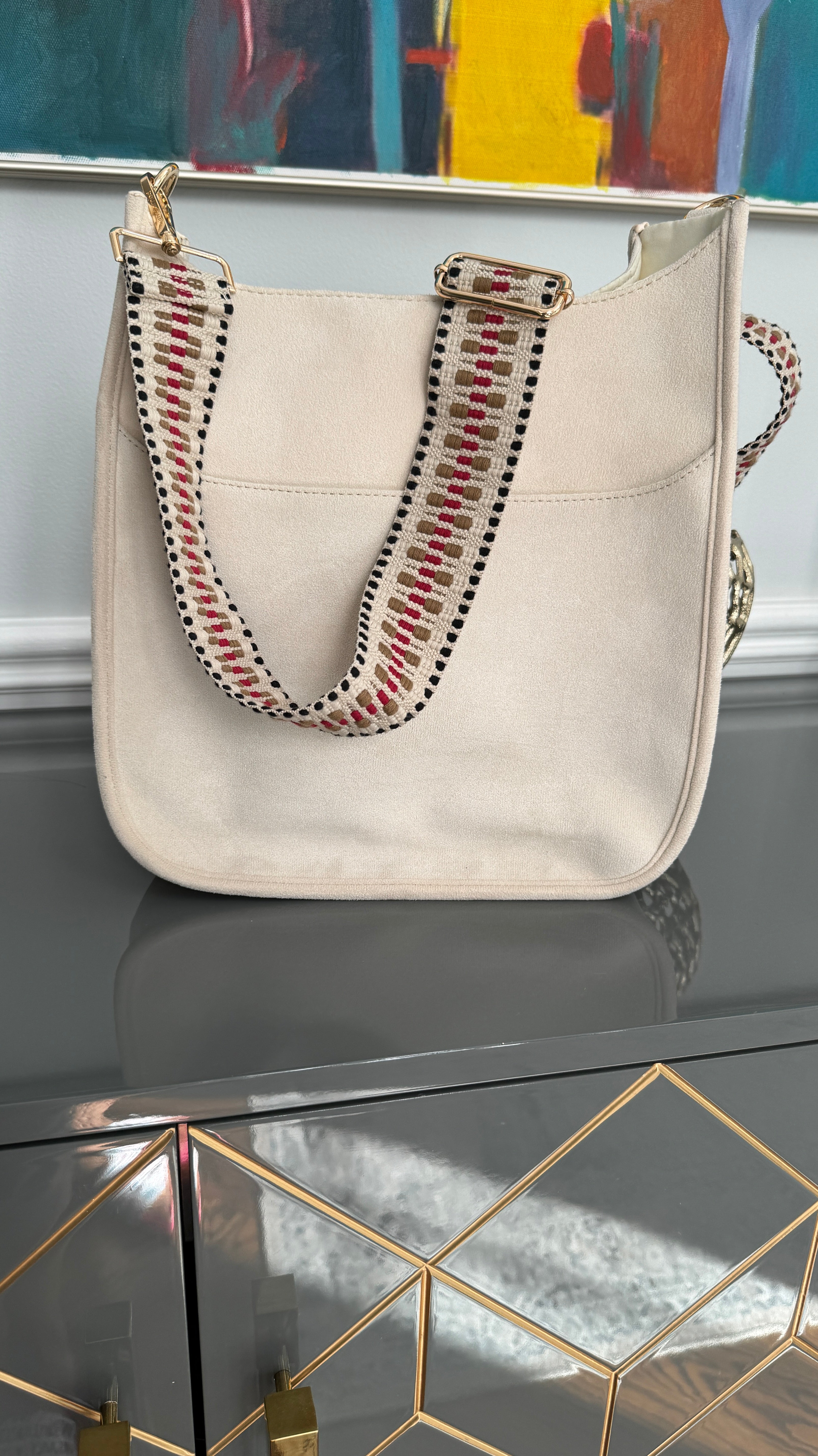 Suede crossbody messenger handbag, Lebanese theme لا للطائفية ،وحدة وطنية ، كلنا للوطن