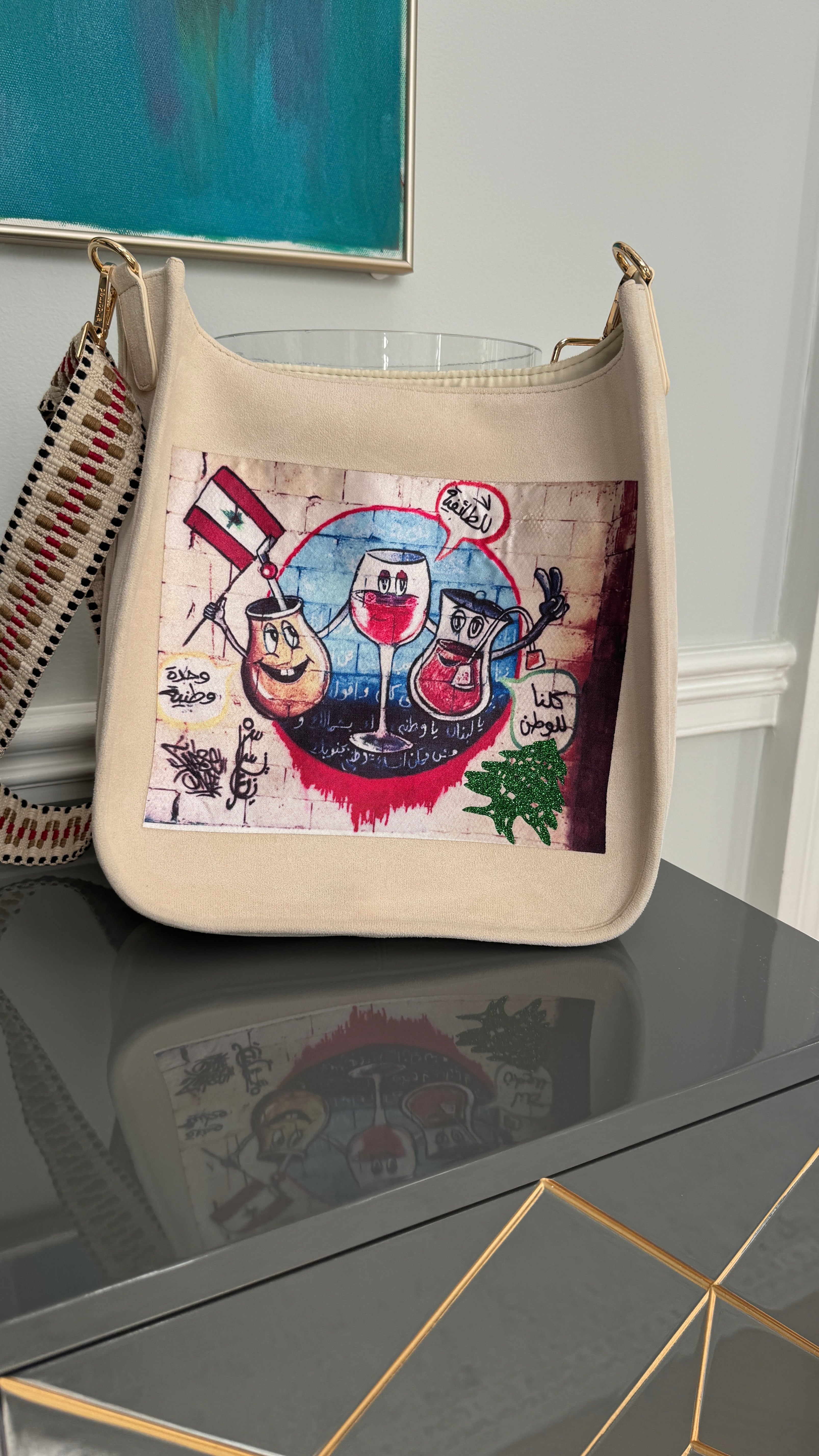 Suede crossbody messenger handbag, Lebanese theme لا للطائفية ،وحدة وطنية ، كلنا للوطن