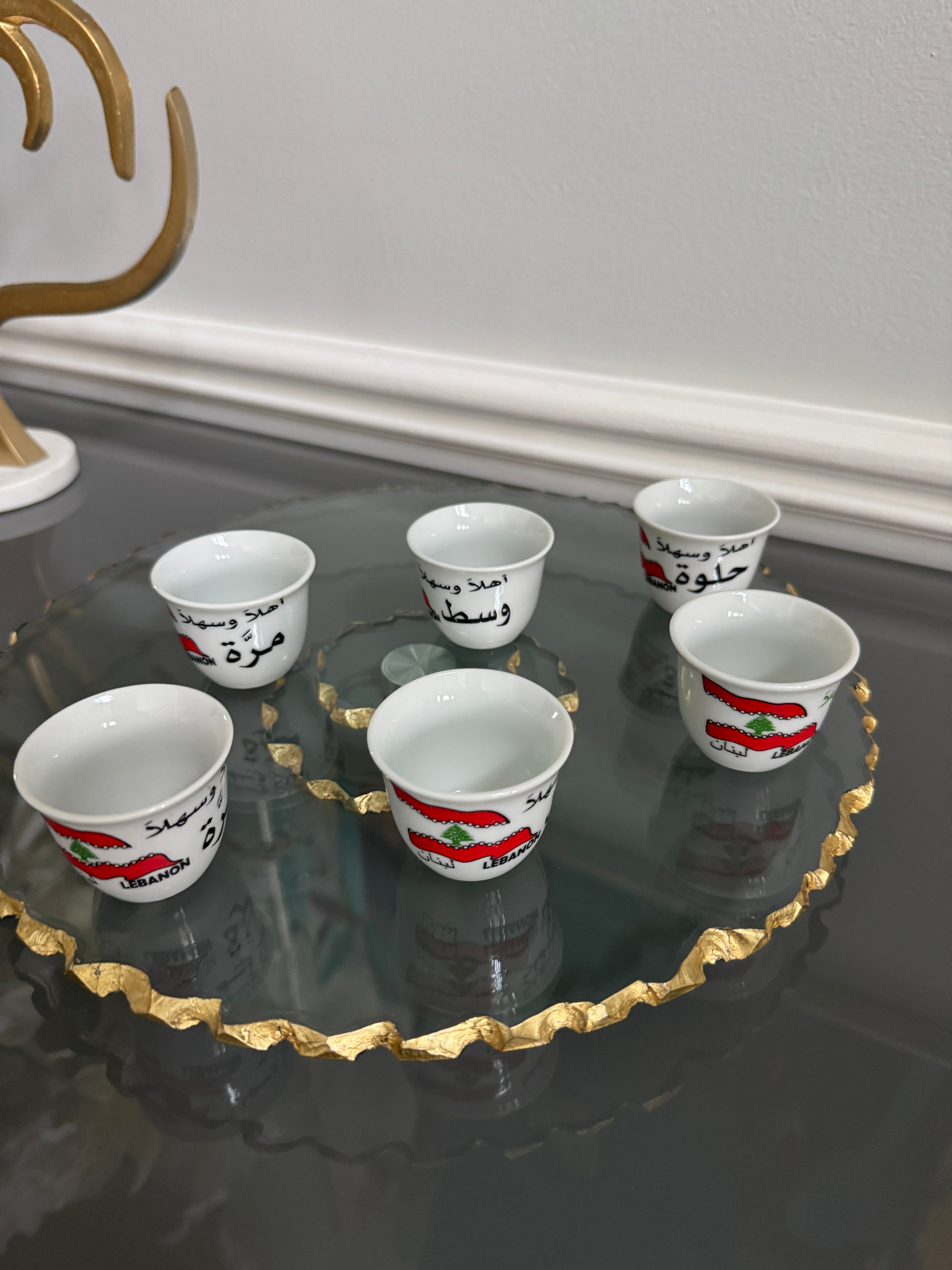 Set of 6 Turkish coffee , espresso cups, Lebanese flag and design theme . اهلا وسهلا، حلوة، مرة، وسط