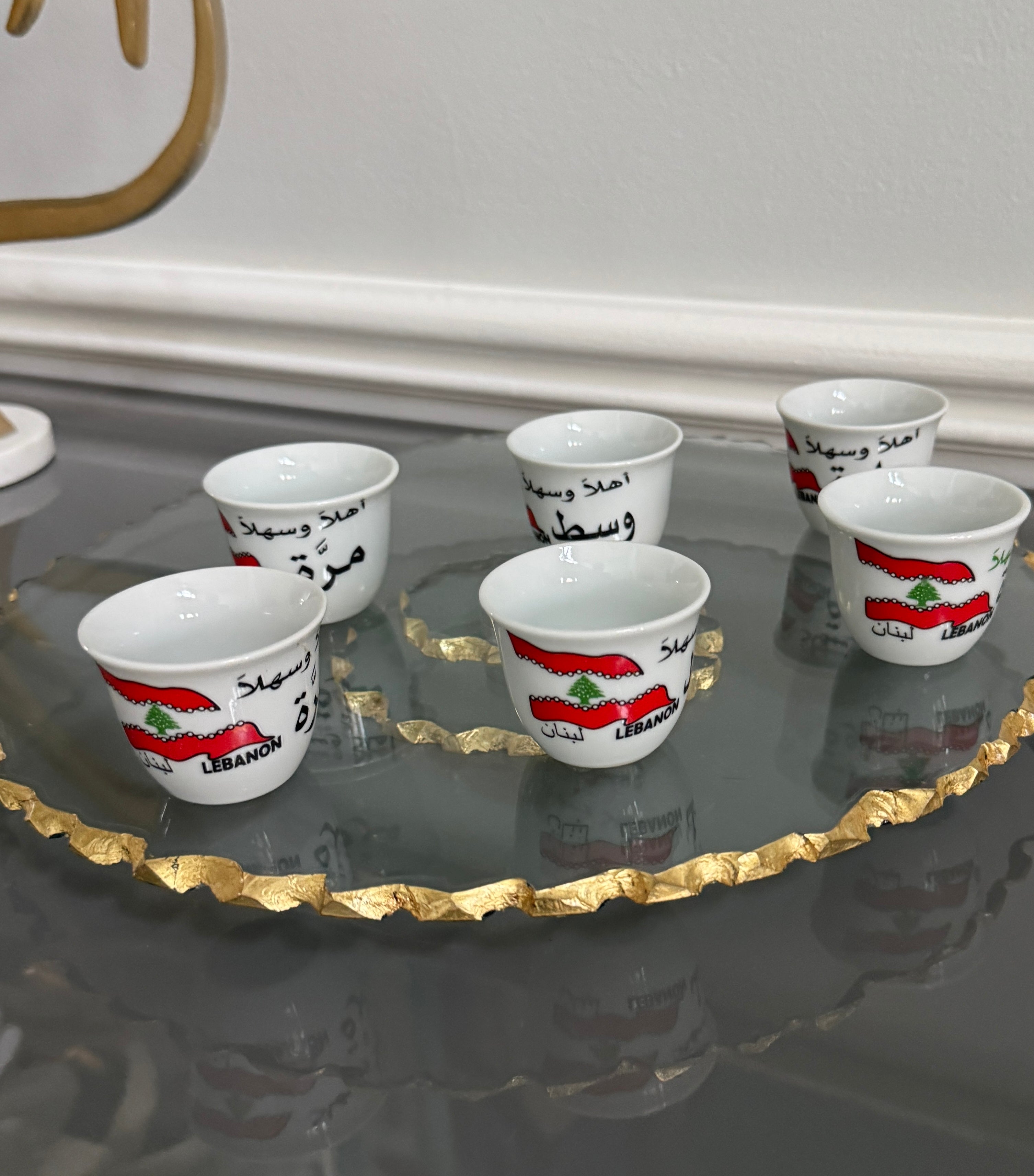 Set of 6 Turkish coffee , espresso cups, Lebanese flag and design theme . اهلا وسهلا، حلوة، مرة، وسط