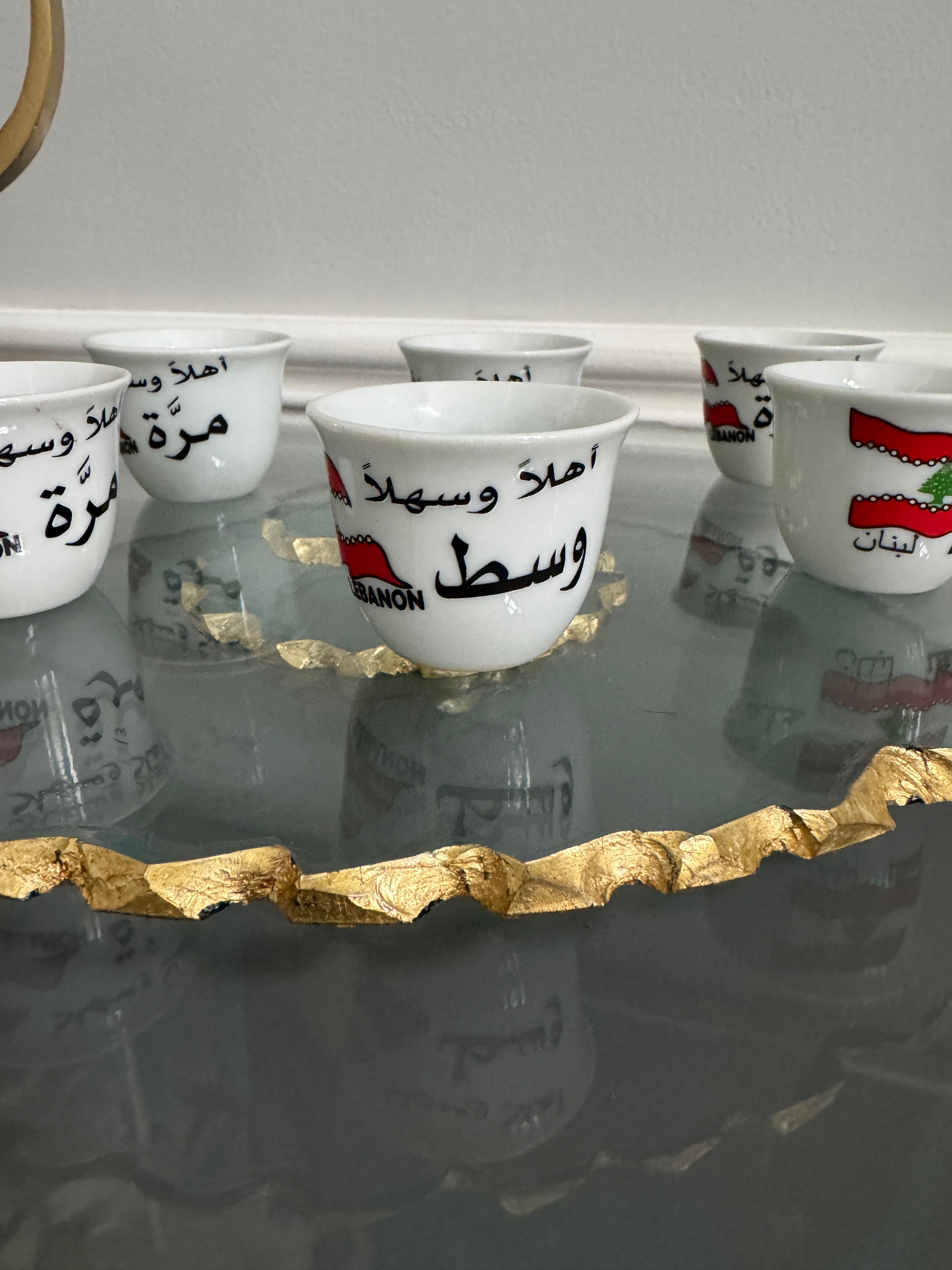 Set of 6 Turkish coffee , espresso cups, Lebanese flag and design theme . اهلا وسهلا، حلوة، مرة، وسط