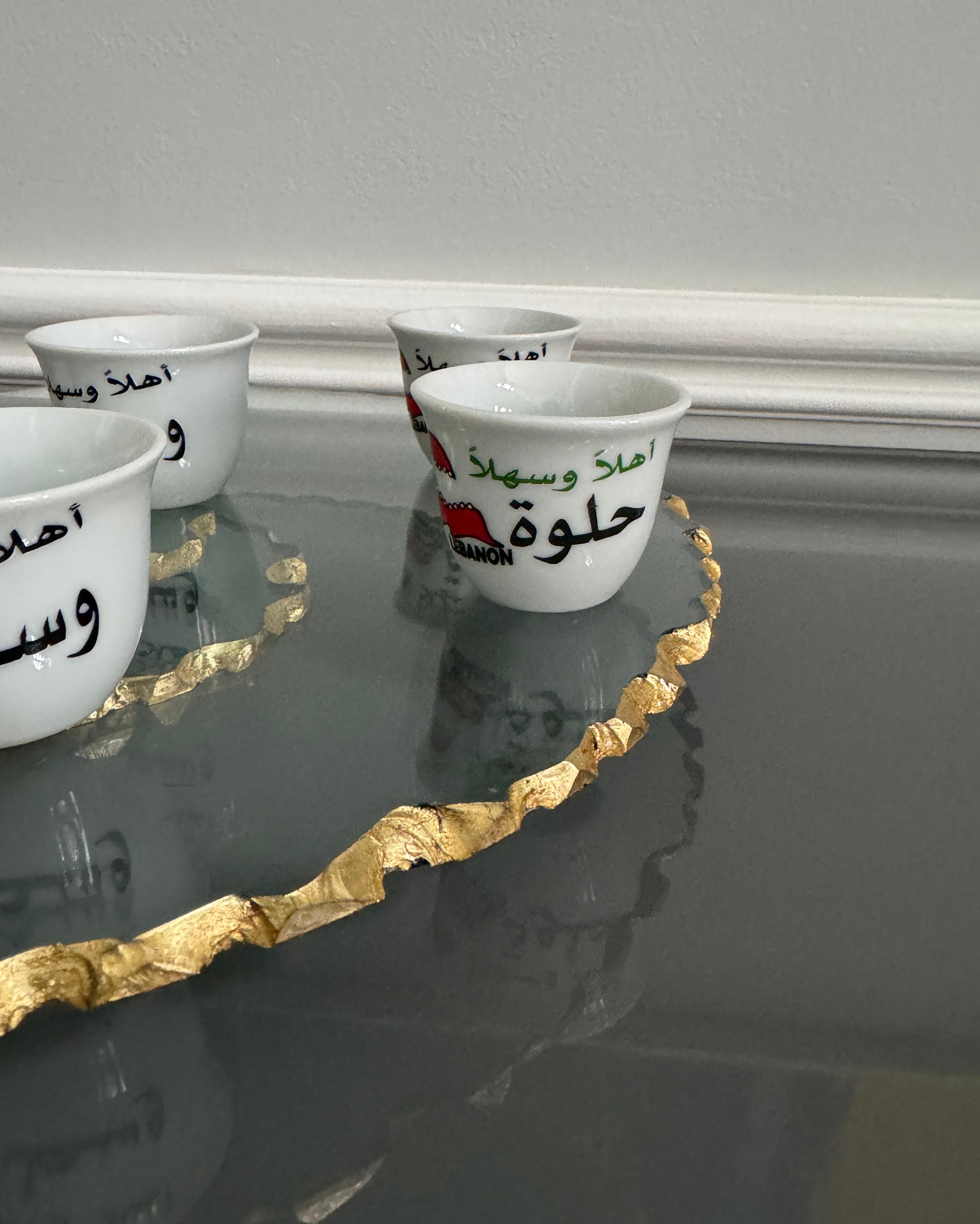 Set of 6 Turkish coffee , espresso cups, Lebanese flag and design theme . اهلا وسهلا، حلوة، مرة، وسط