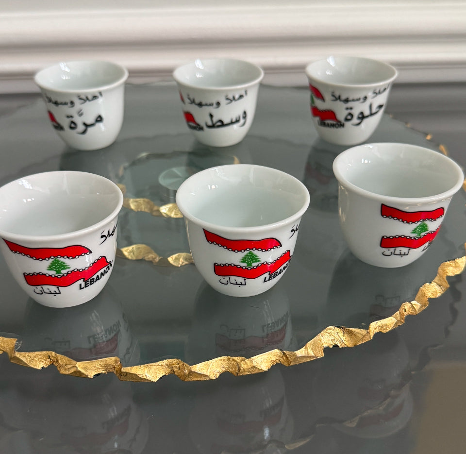 Set of 6 Turkish coffee , espresso cups, Lebanese flag and design theme . اهلا وسهلا، حلوة، مرة، وسط