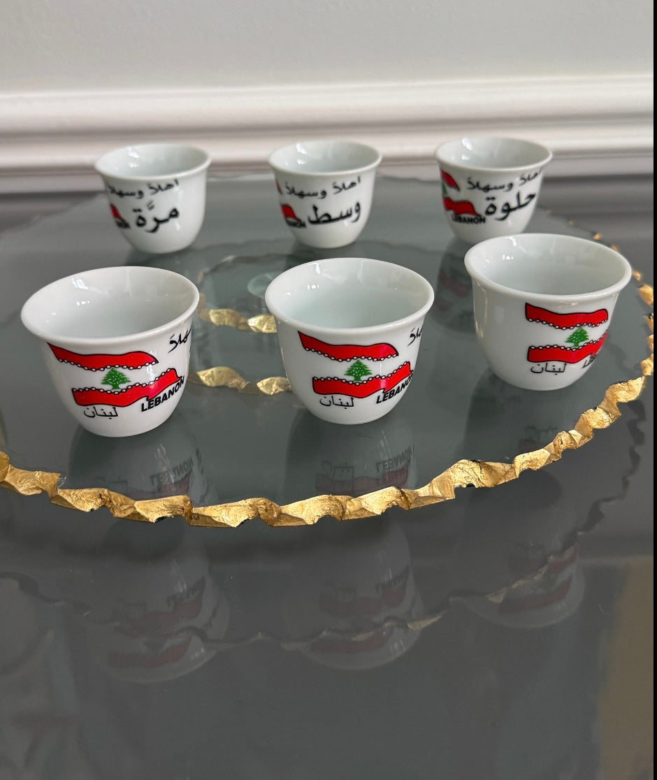 Set of 6 Turkish coffee , espresso cups, Lebanese flag and design theme . اهلا وسهلا، حلوة، مرة، وسط