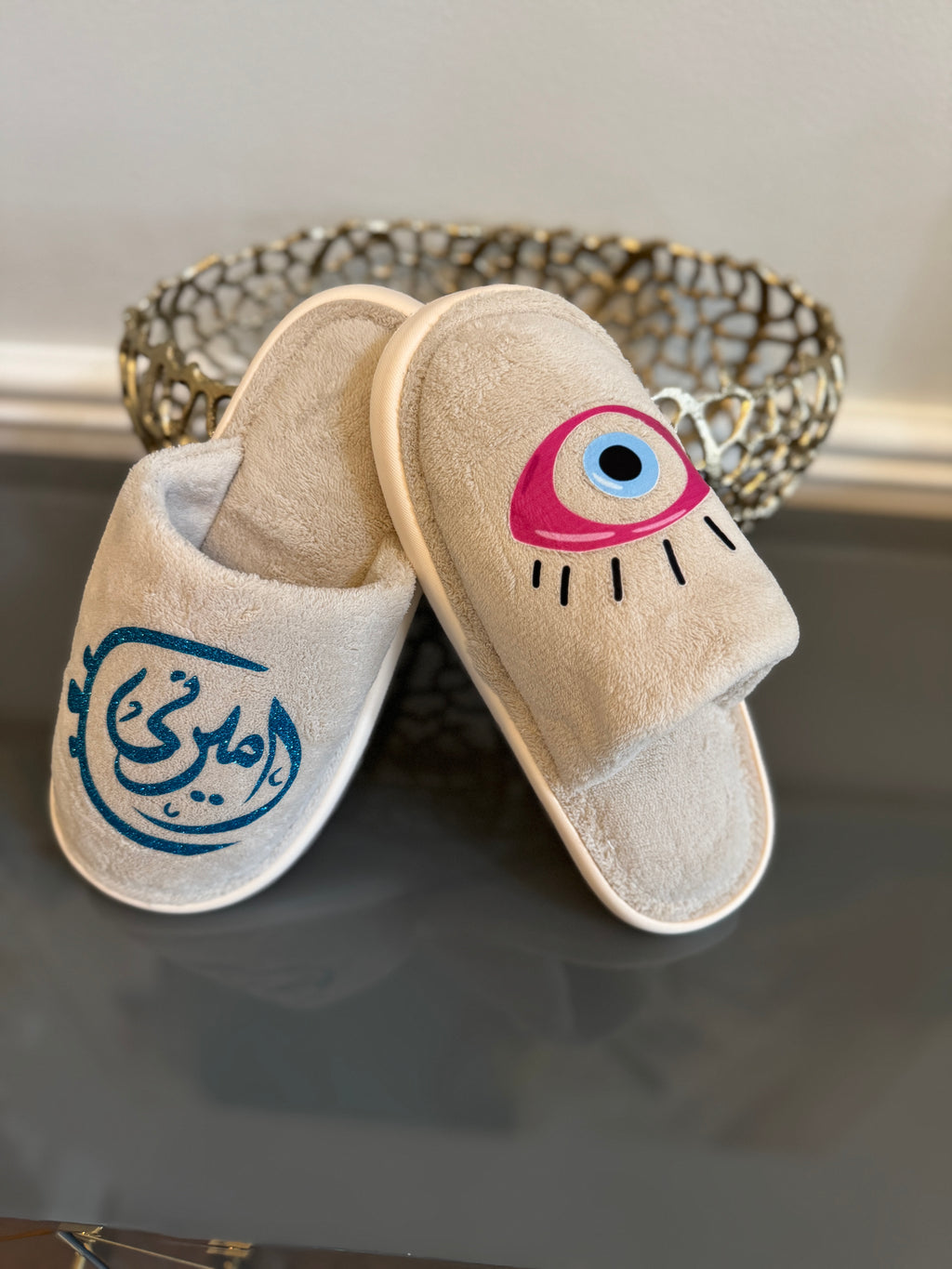 Slippers closed front designed with Arabic Calligraphy أميرتي my princess and evil eye 🧿