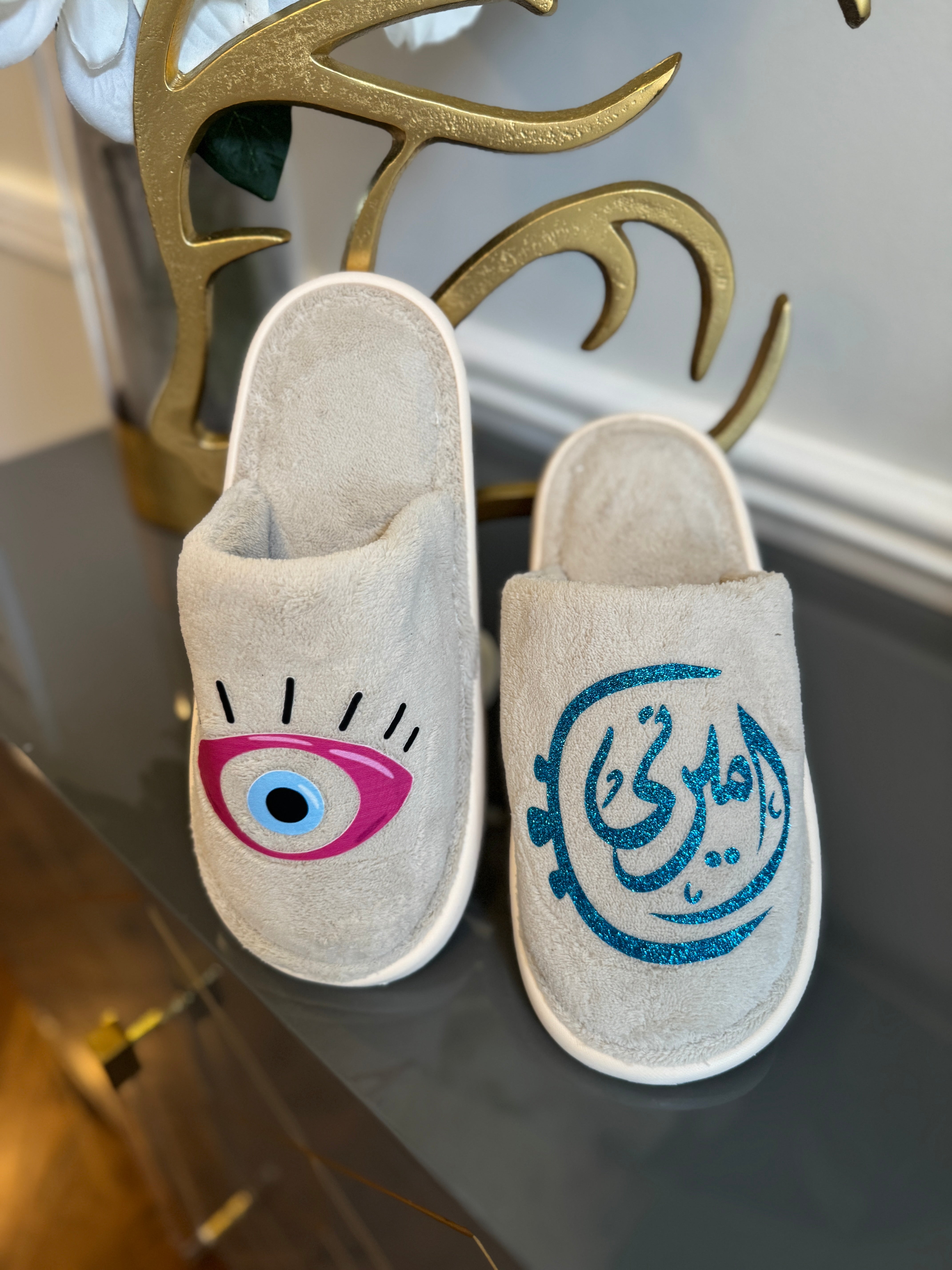 Slippers closed front designed with Arabic Calligraphy أميرتي my princess and evil eye 🧿