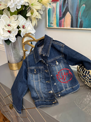 Kids Denim Jacket , Arabic Calligraphy design أميرتي and girly motif on the back