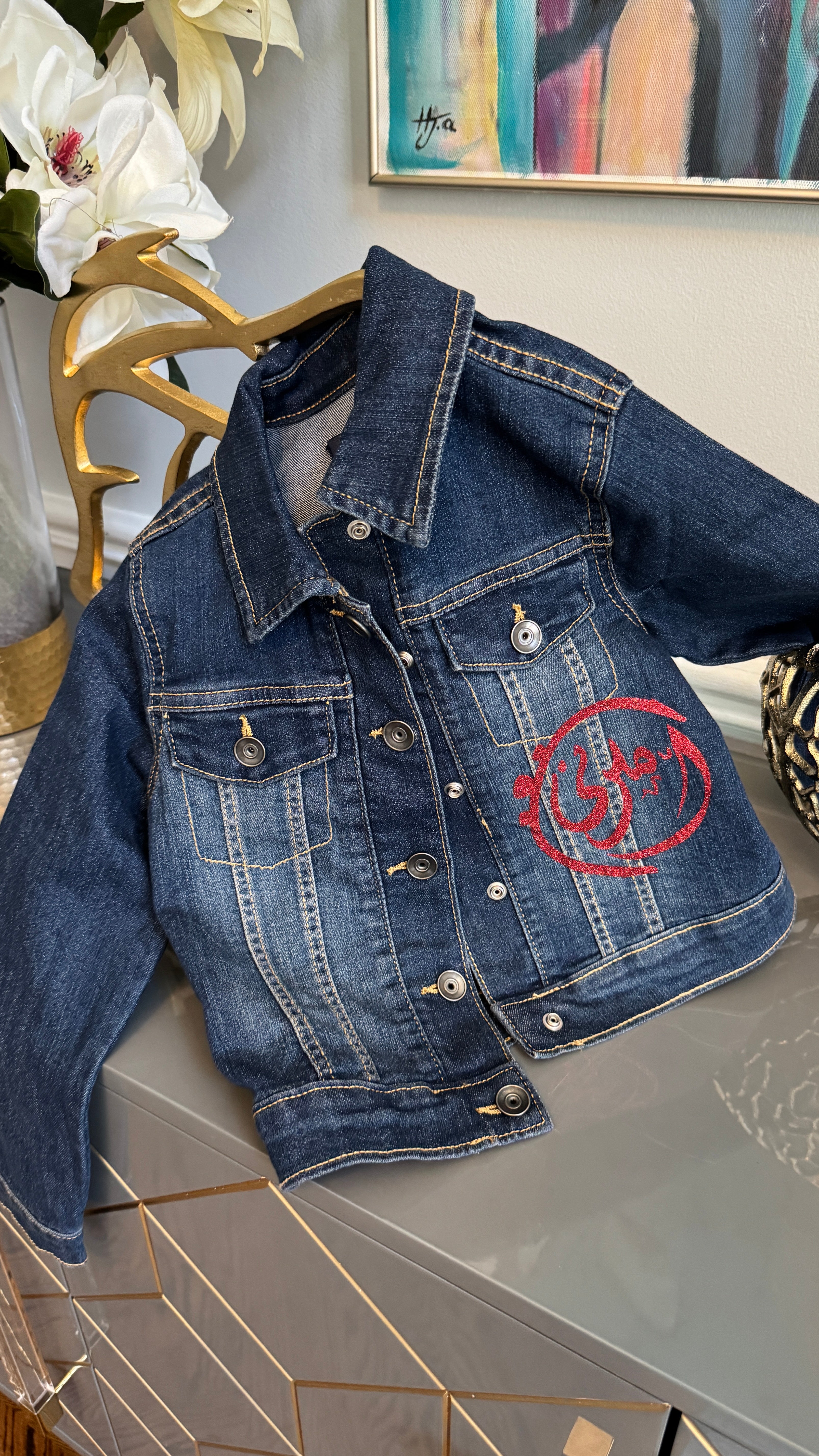 Kids Denim Jacket , Arabic Calligraphy design أميرتي and girly motif on the back