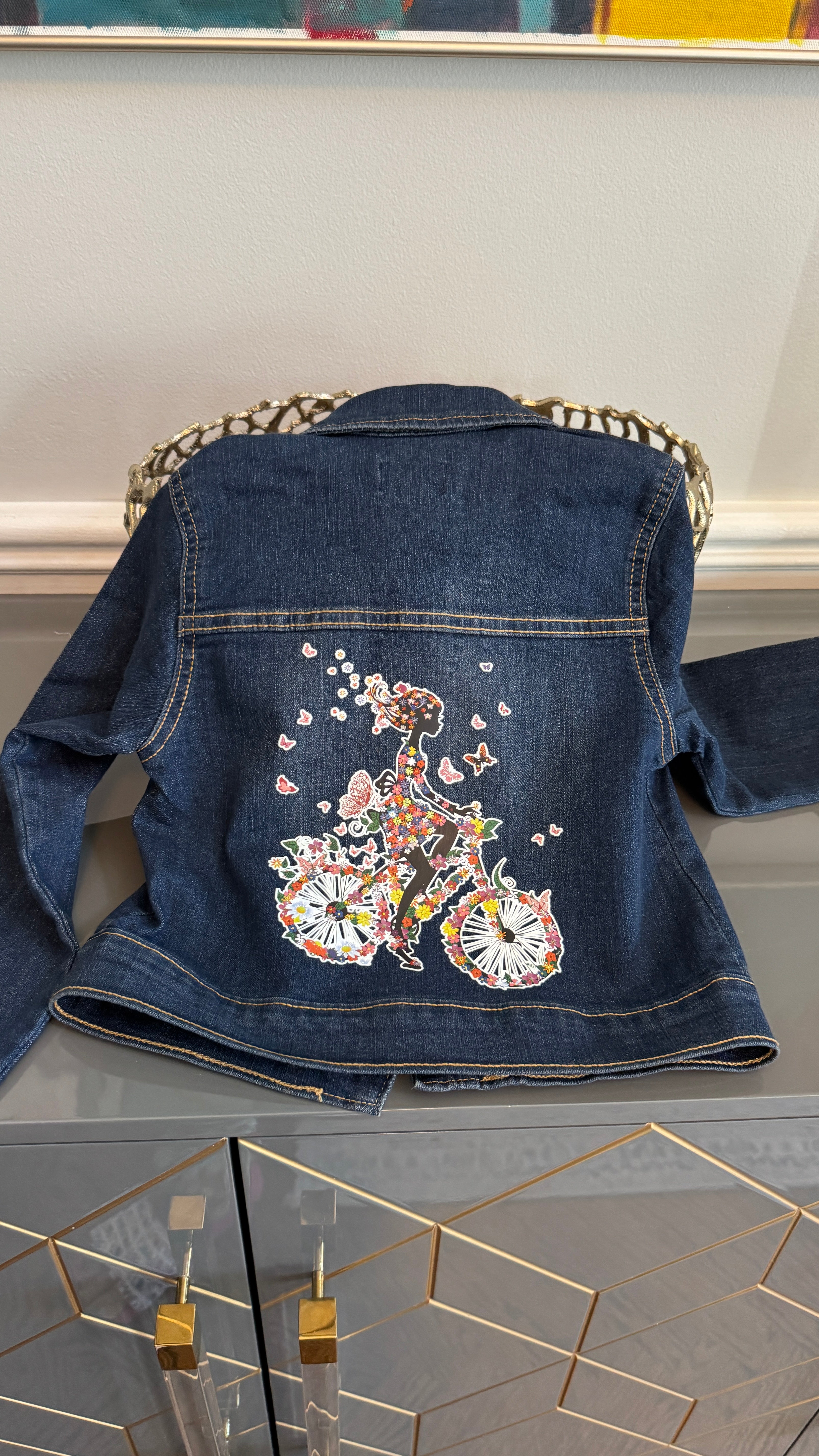 Kids Denim Jacket , Arabic Calligraphy design أميرتي and girly motif on the back