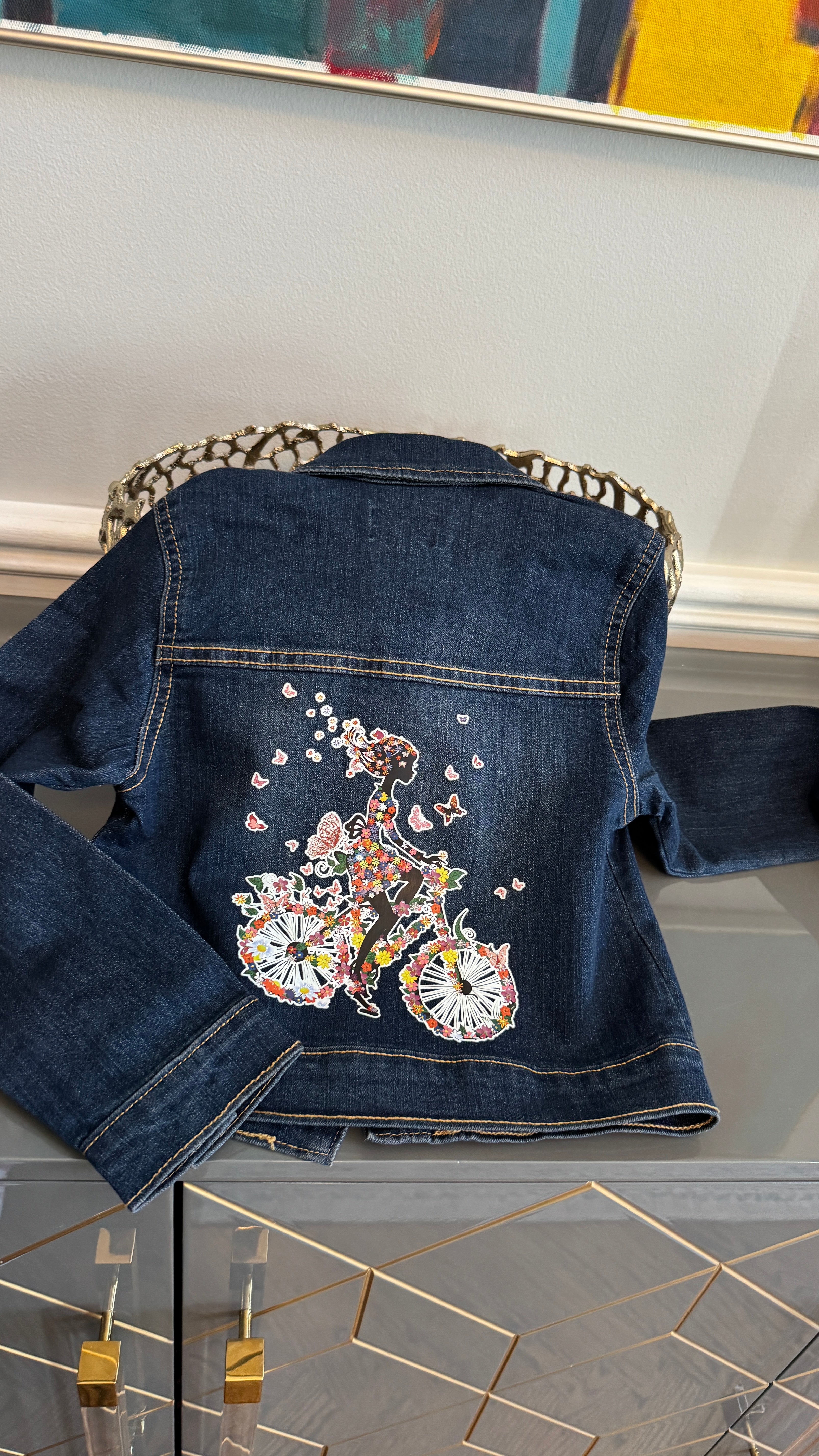 Kids Denim Jacket , Arabic Calligraphy design أميرتي and girly motif on the back