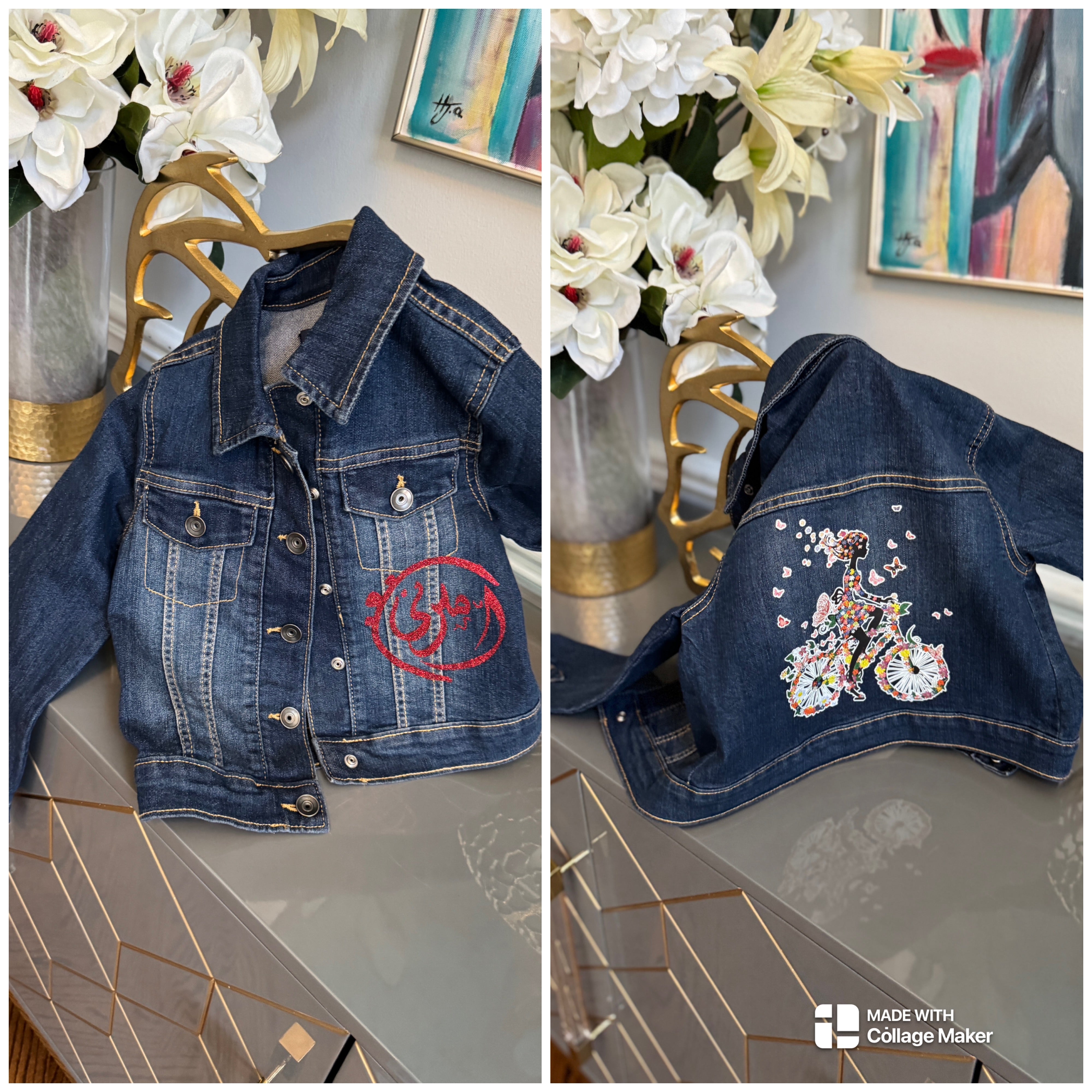 Kids Denim Jacket , Arabic Calligraphy design أميرتي and girly motif on the back