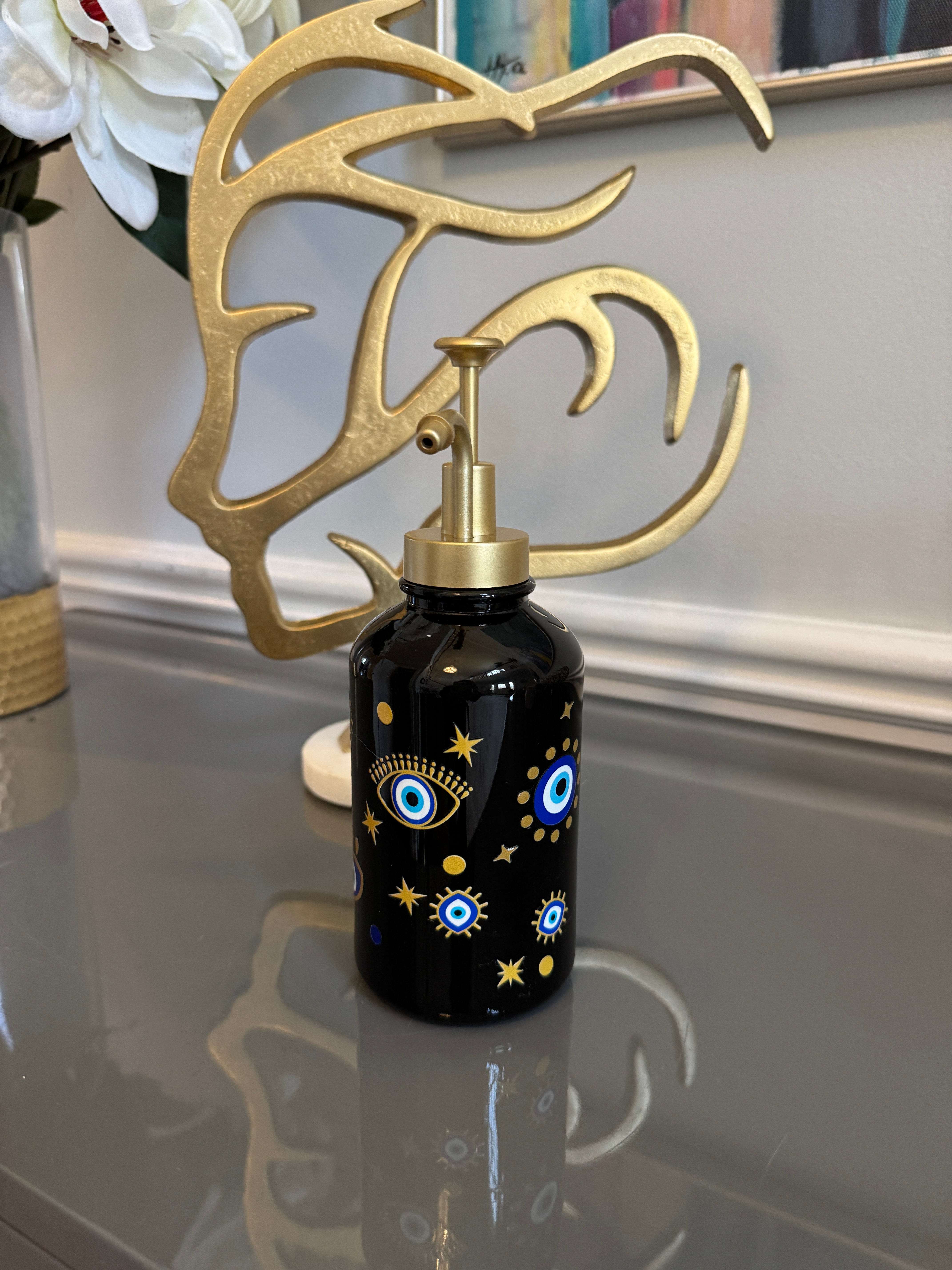 Black & Gold Soap Dispenser designed with evil eye 🧿 motif.