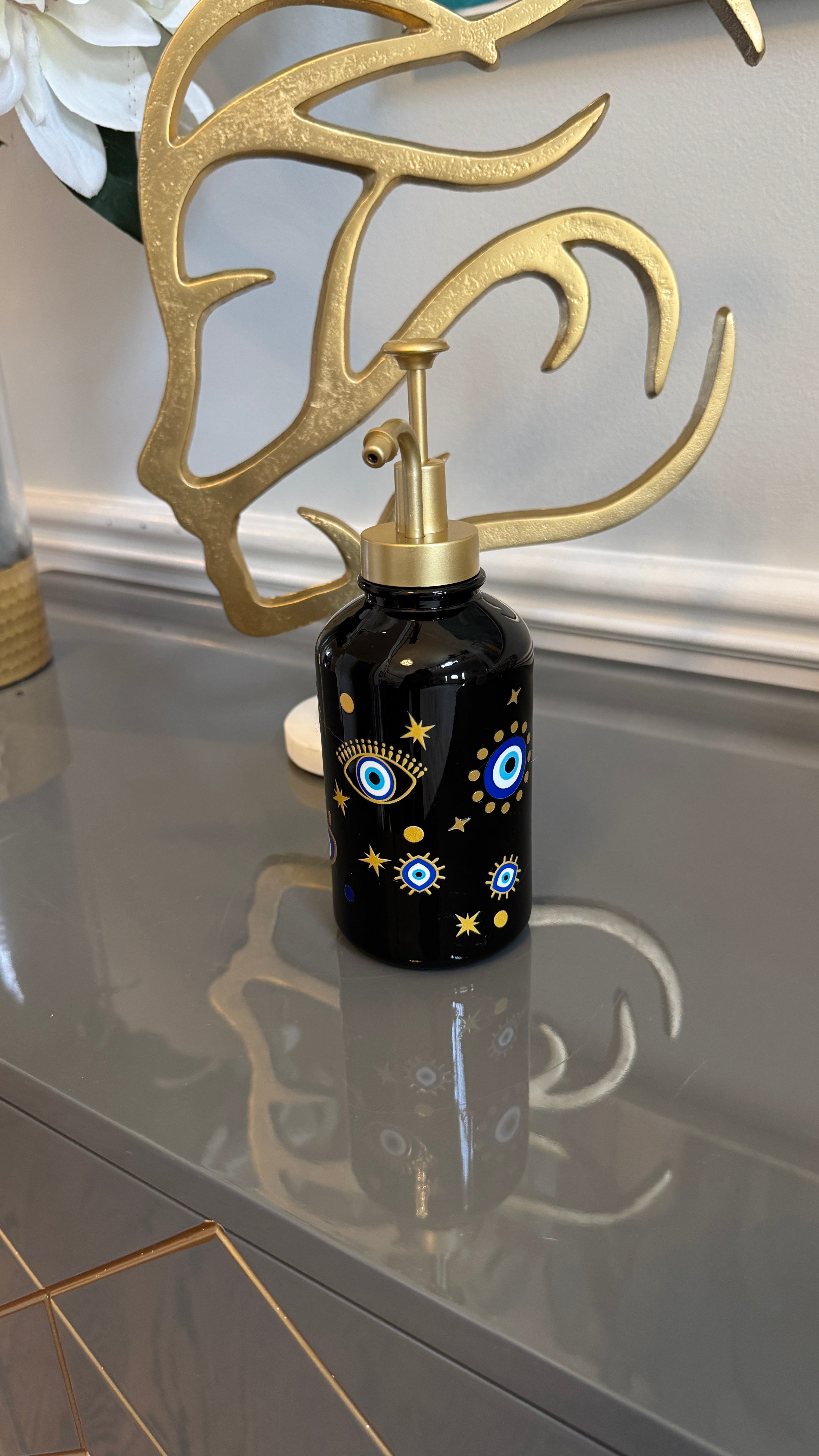 Black & Gold Soap Dispenser designed with evil eye 🧿 motif.