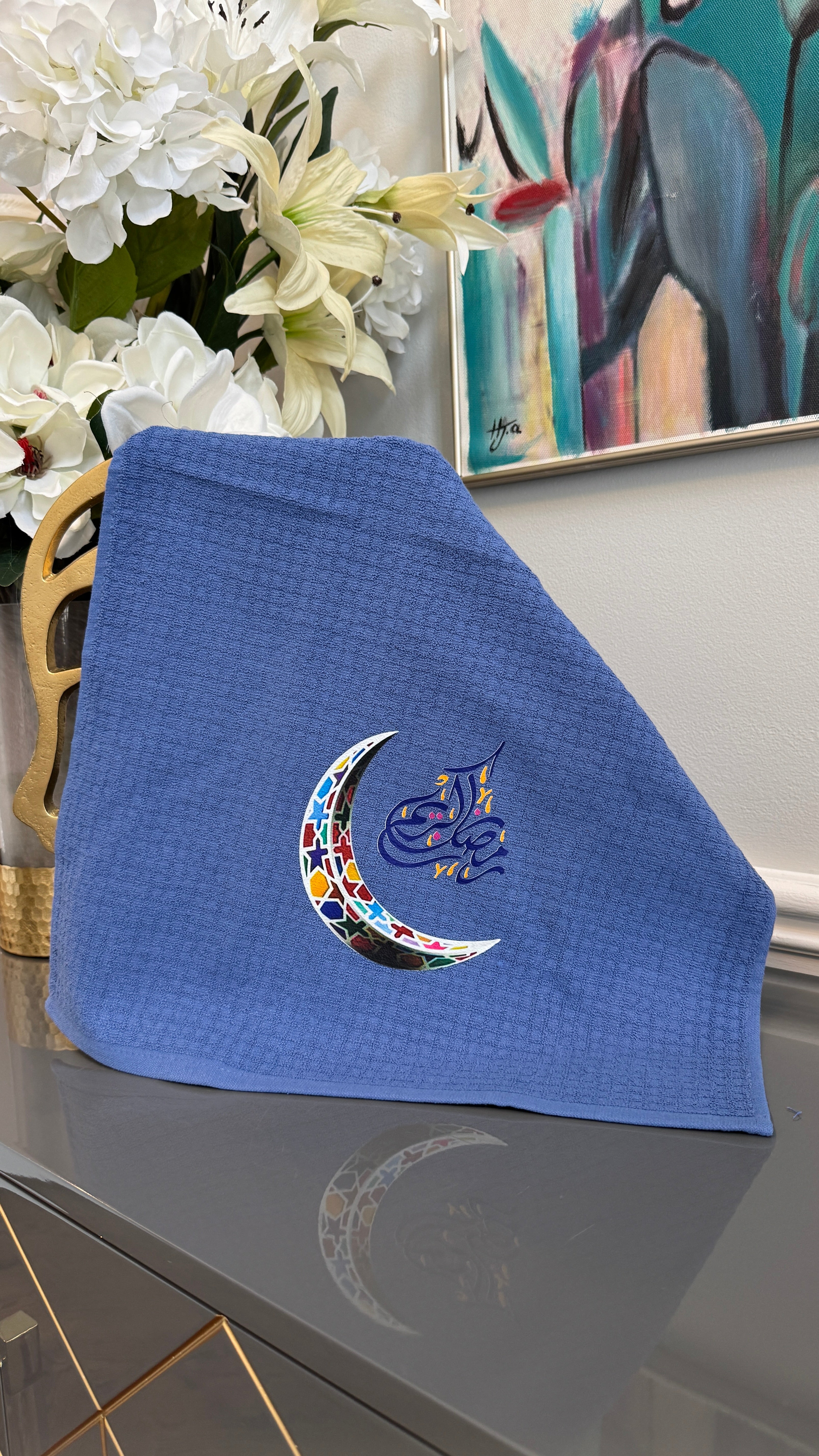 Blue towel Multi color Ramadan crescent and Arabic Calligraphy رمضان كريم