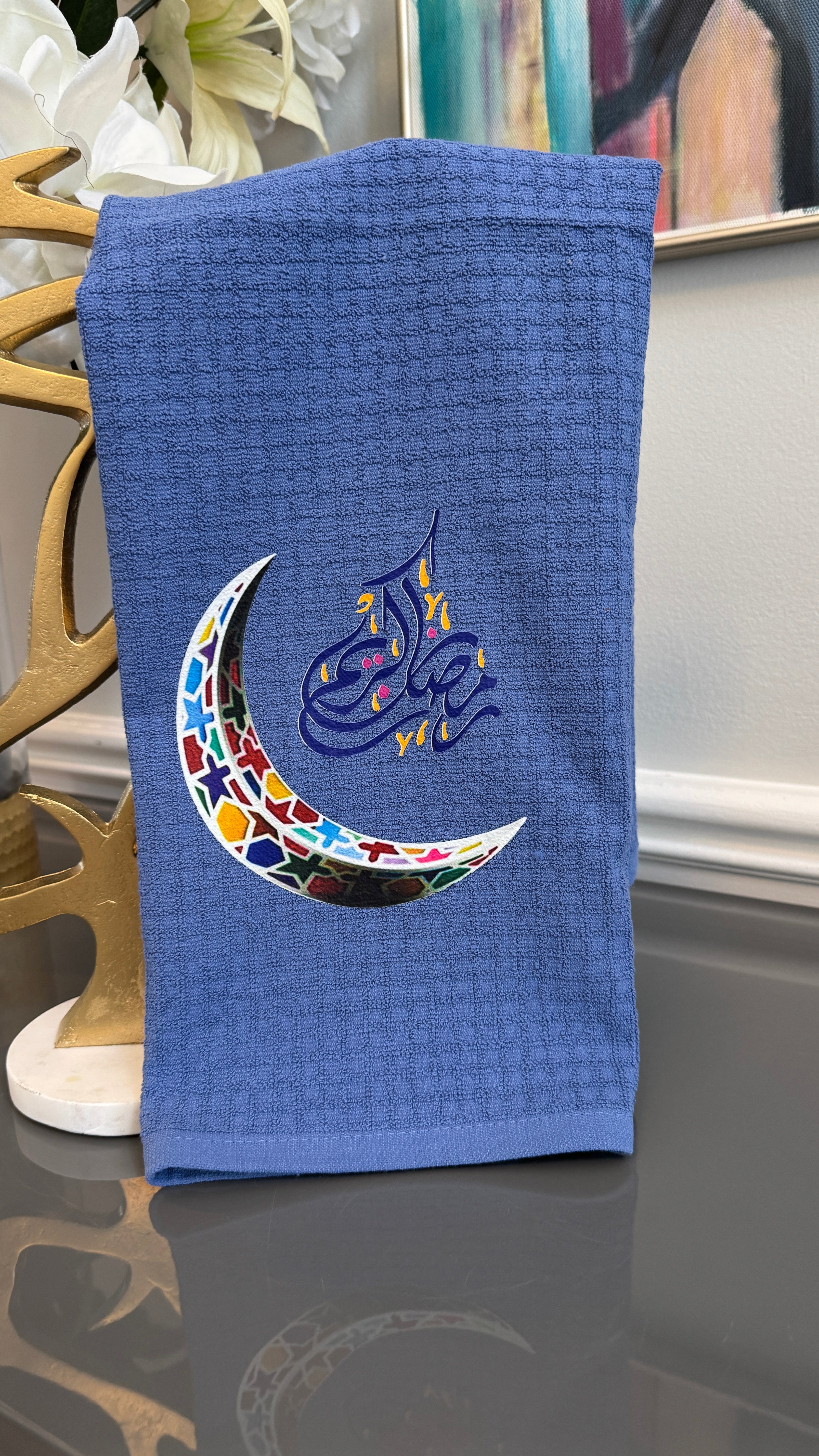 Blue towel Multi color Ramadan crescent and Arabic Calligraphy رمضان كريم