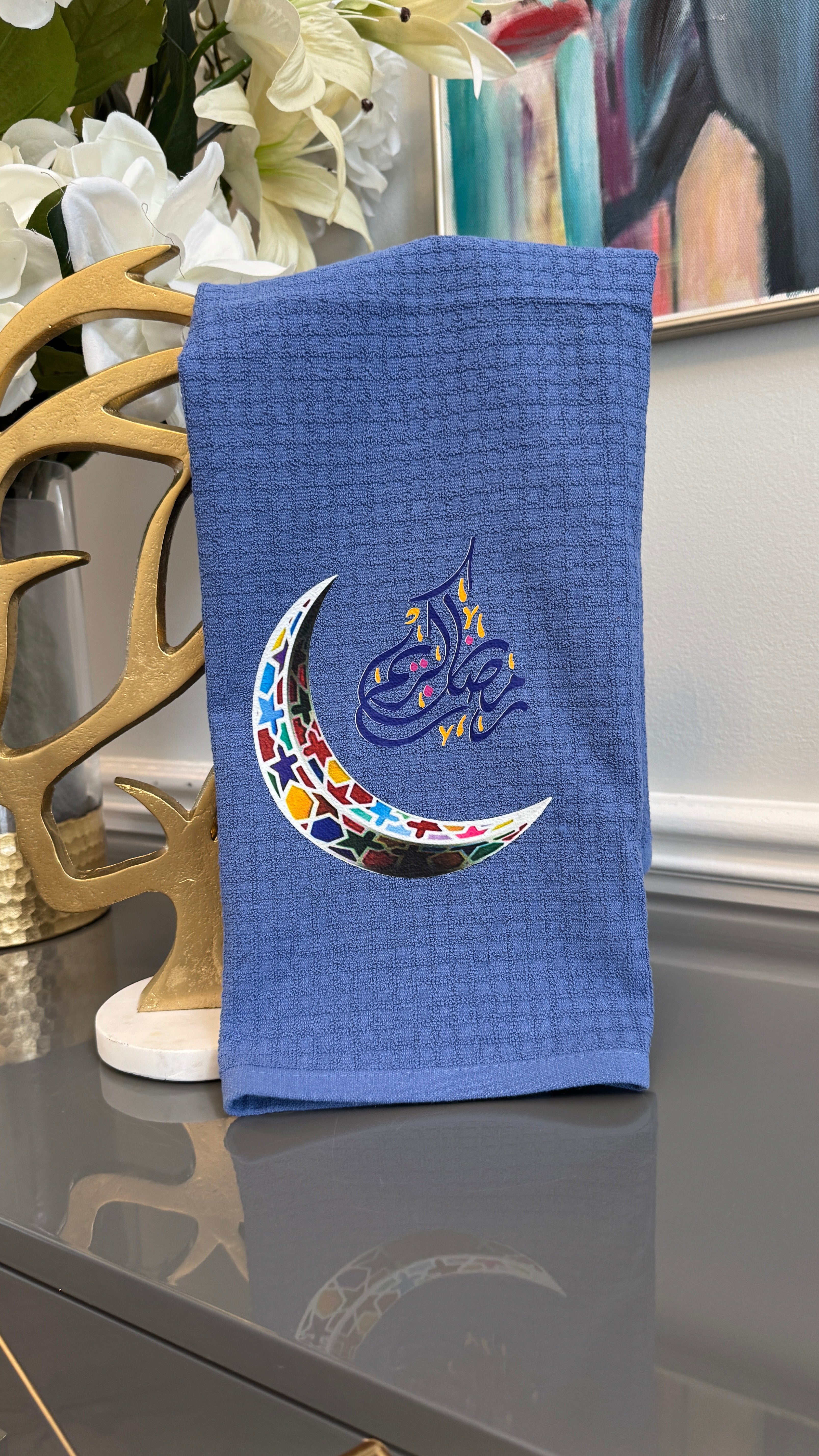 Blue towel Multi color Ramadan crescent and Arabic Calligraphy رمضان كريم