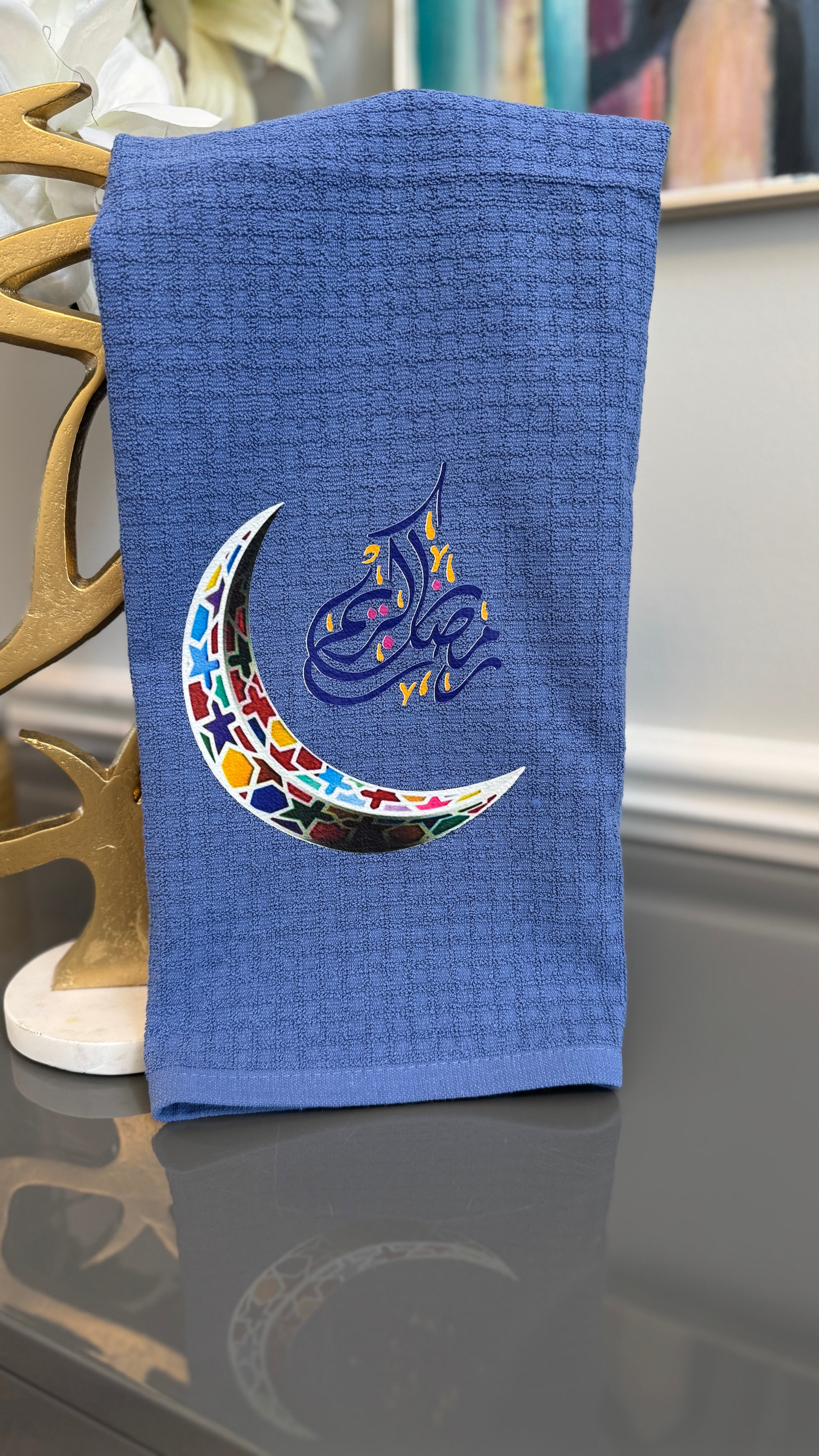 Blue towel Multi color Ramadan crescent and Arabic Calligraphy رمضان كريم