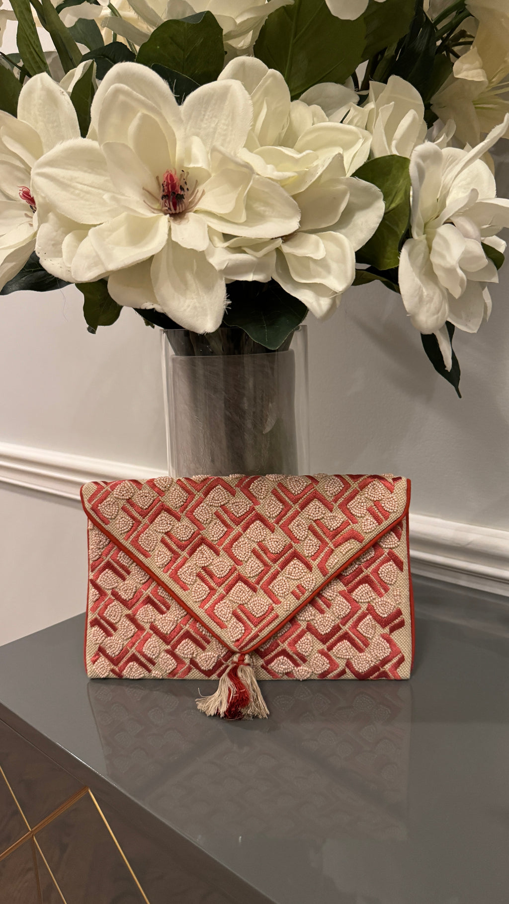 Coral/Nude hand beaded Clutch