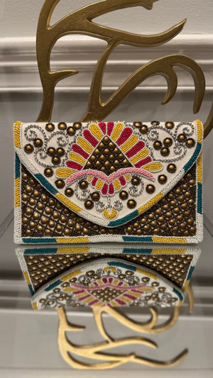 Hand beaded multi-colored with bronze studs clutch