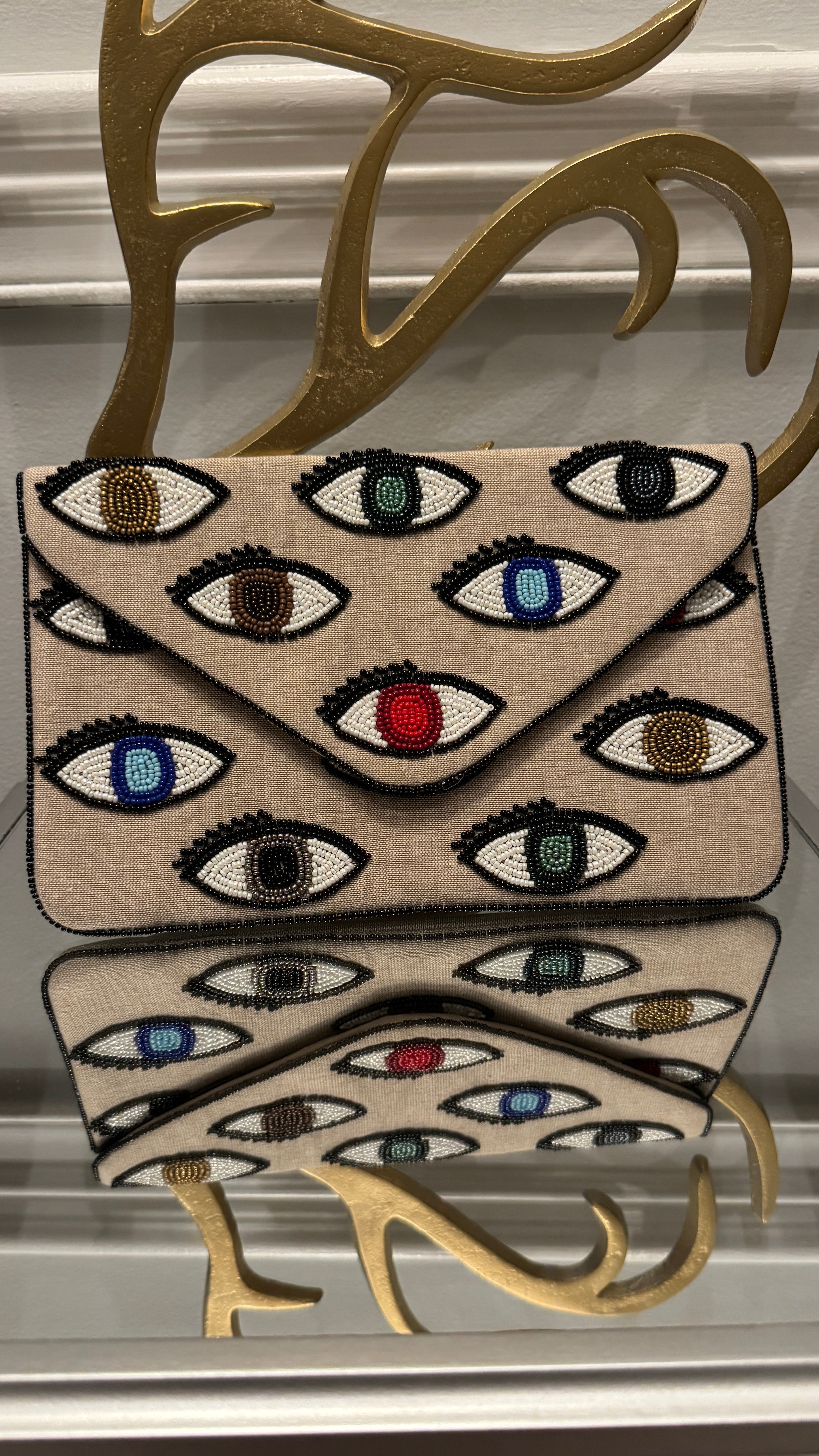 Linen Clutch hand beaded  Multi colors Evil Eye Design