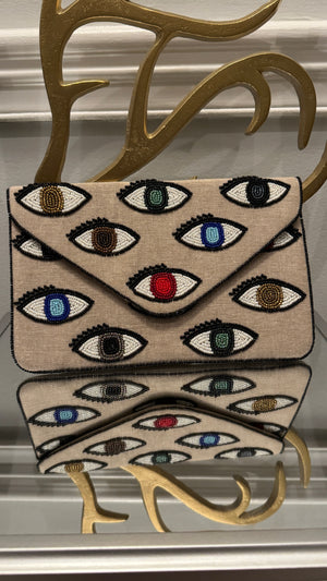 Linen Clutch hand beaded  Multi colors Evil Eye Design