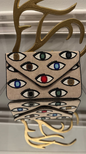 Linen Clutch hand beaded  Multi colors Evil Eye Design