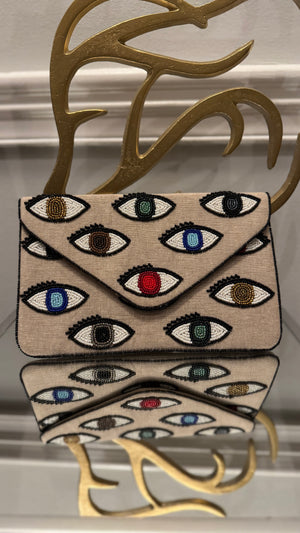 Linen Clutch hand beaded  Multi colors Evil Eye Design