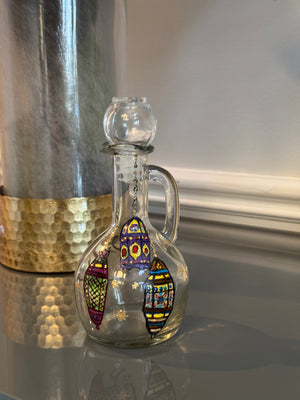 Glass oil dispenser, hand painted with Lanterns & Arabic Calligraphy شرفتونا