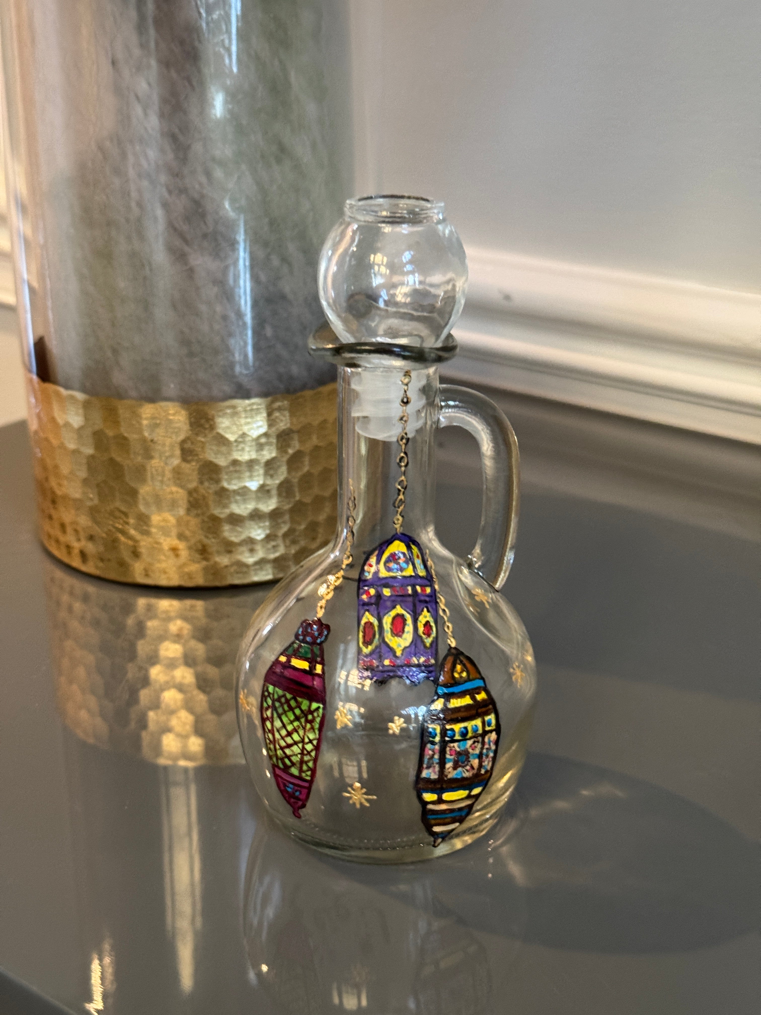 Glass oil dispenser, hand painted with Lanterns & Arabic Calligraphy شرفتونا